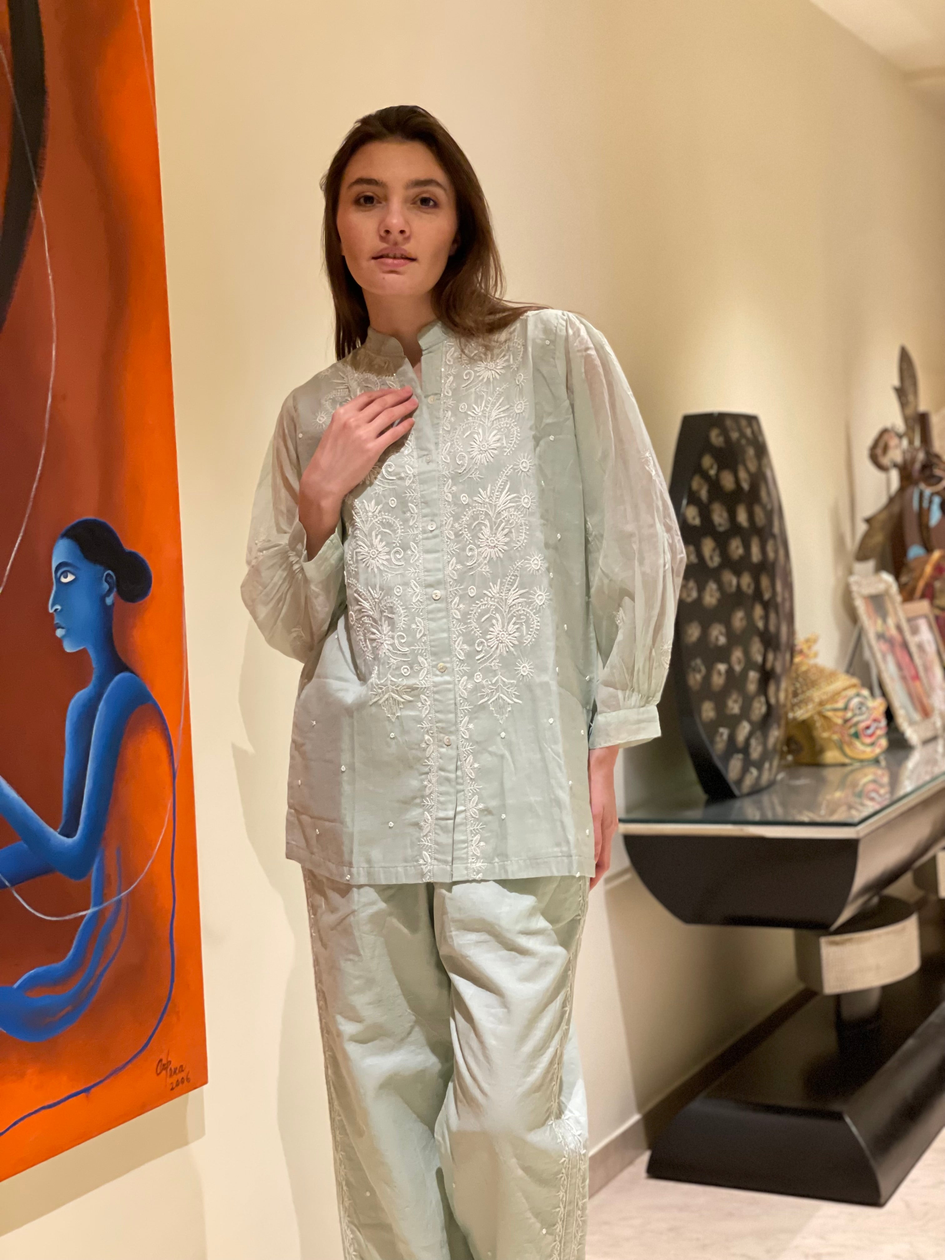 Aqua Mul Chanderi Jahan Chikankari Co-ord Set with Moti cutdana