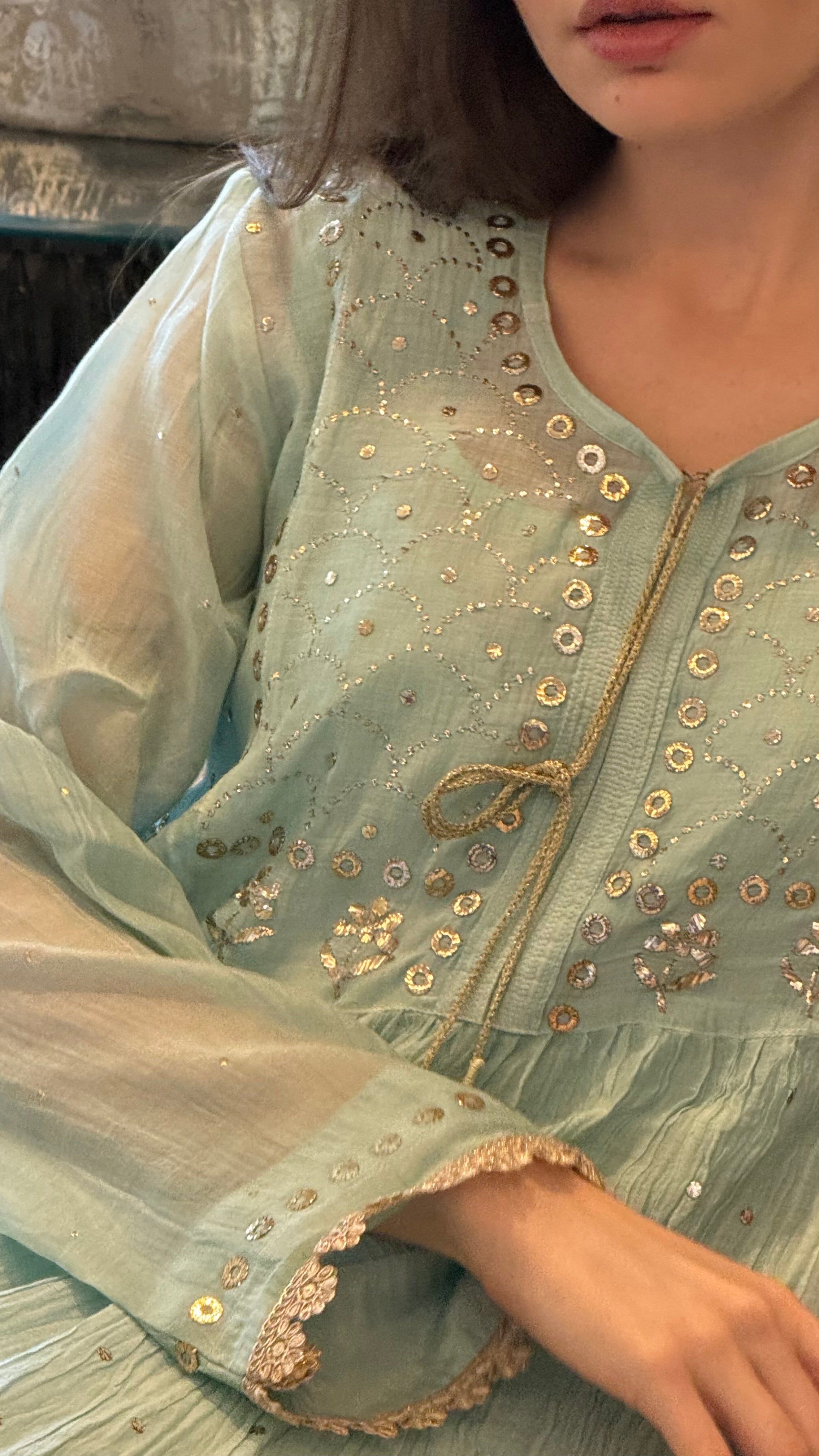 Aqua Haya Kurta Dupatta Pant Set in Chanderi with Golden Pitta