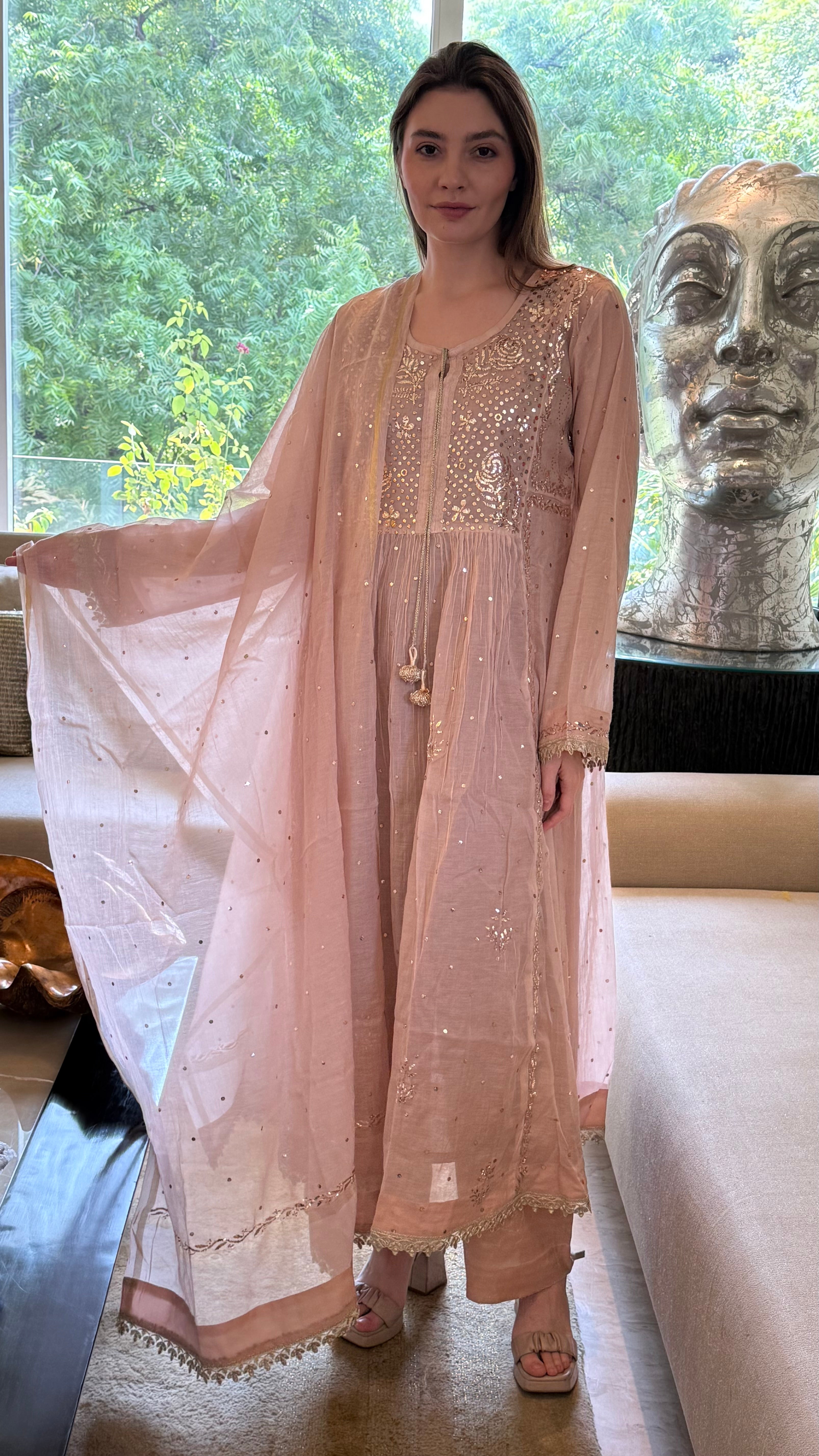 Rose Haya Kurta Dupatta Pant Set in Chanderi with Golden Pitta