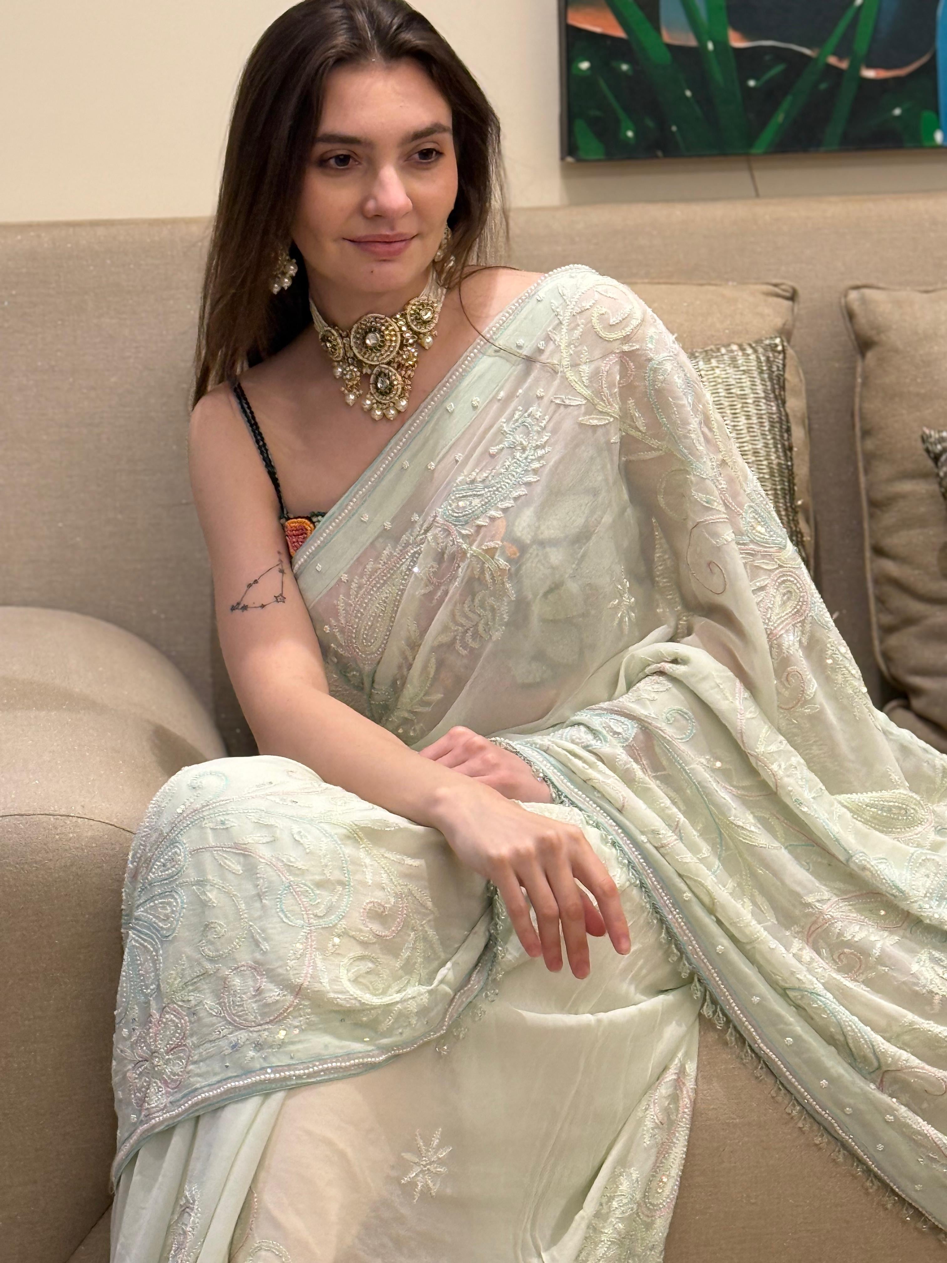 Nasreen Sea Green Georgette Chikankari Saree