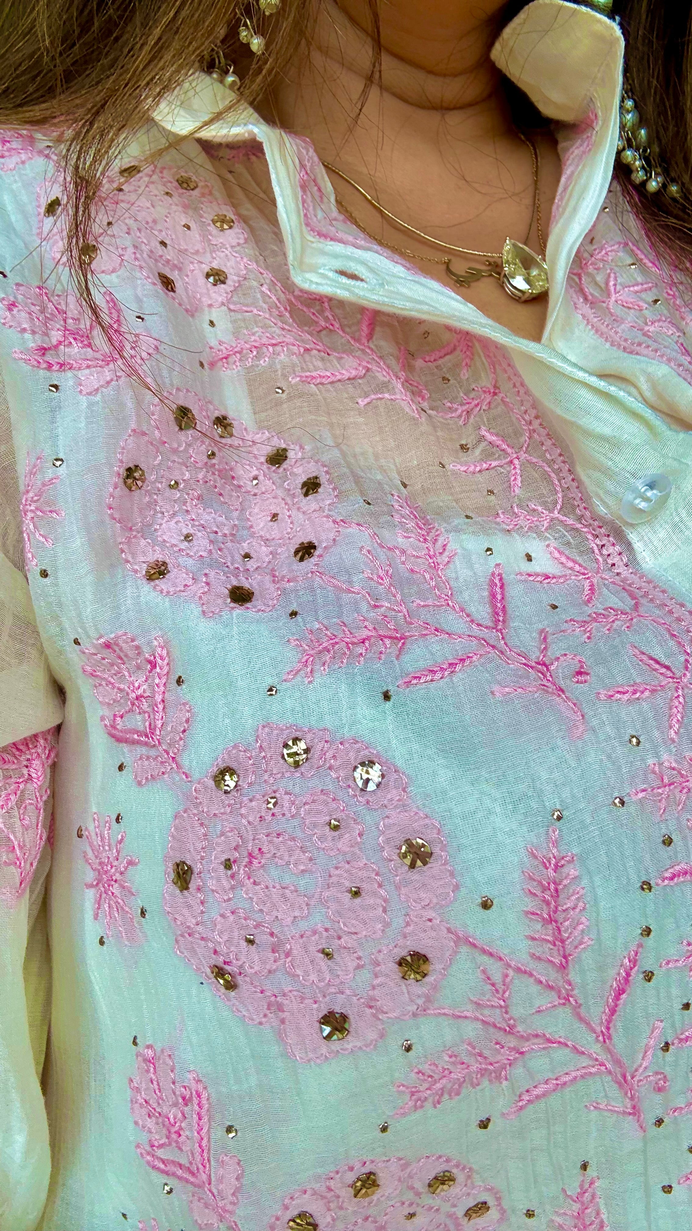 White Pink Mul Chanderi Jahaan Co-ord set with Mukaish
