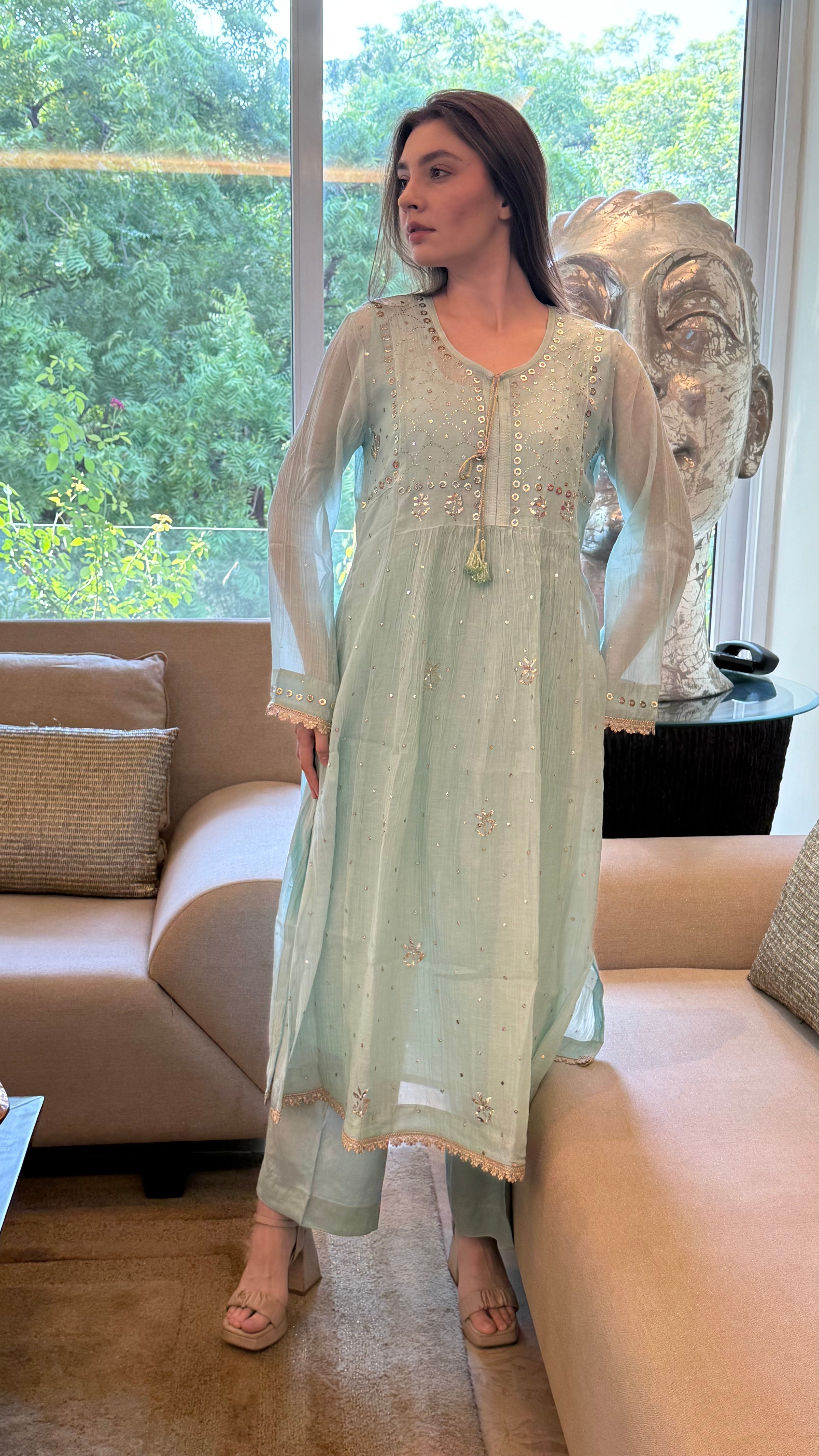 Aqua Haya Kurta Dupatta Pant Set in Chanderi with Golden Pitta