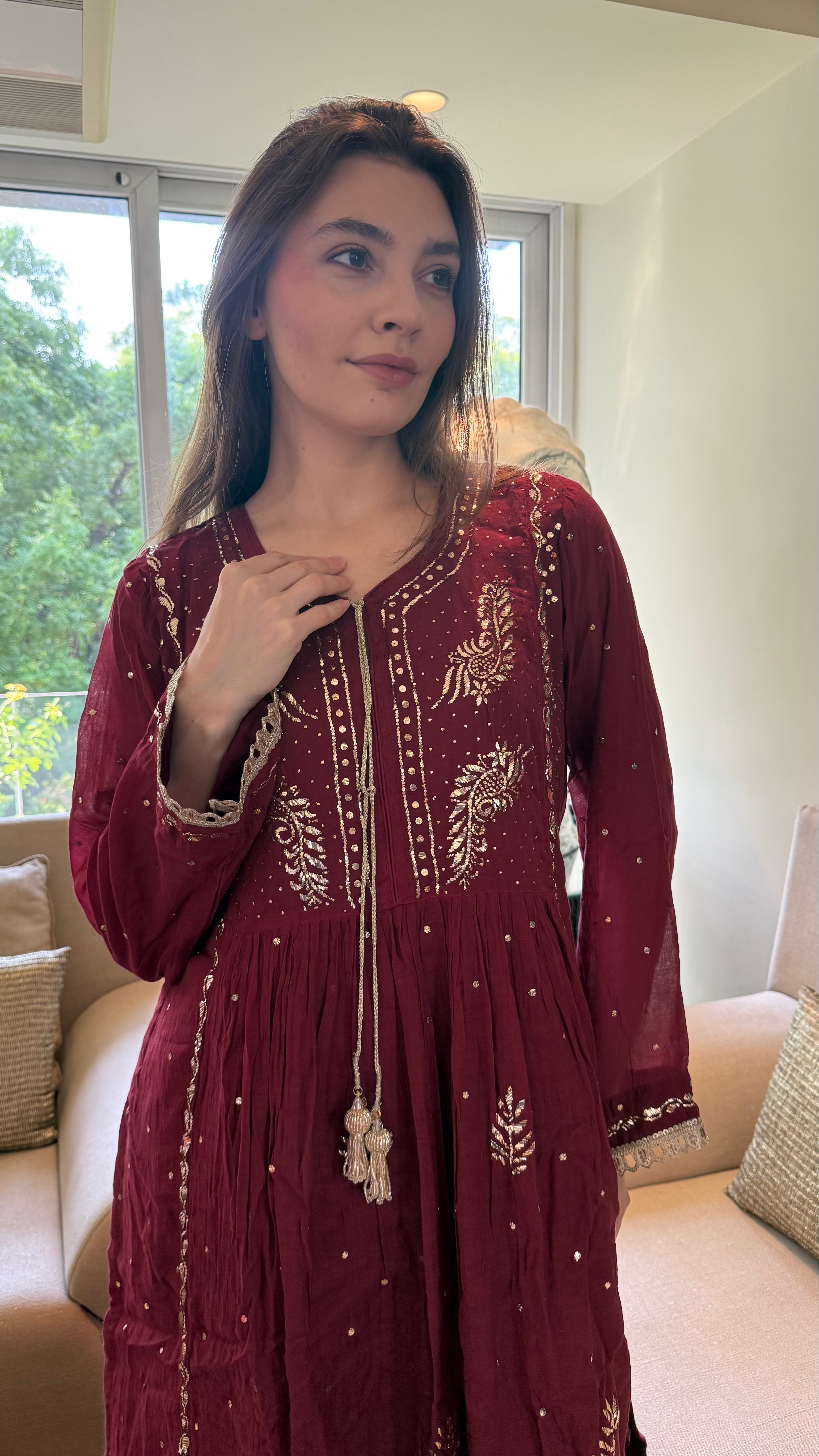 Maroon Haya Kurta Dupatta Pant Set in Chanderi with Golden Pitta
