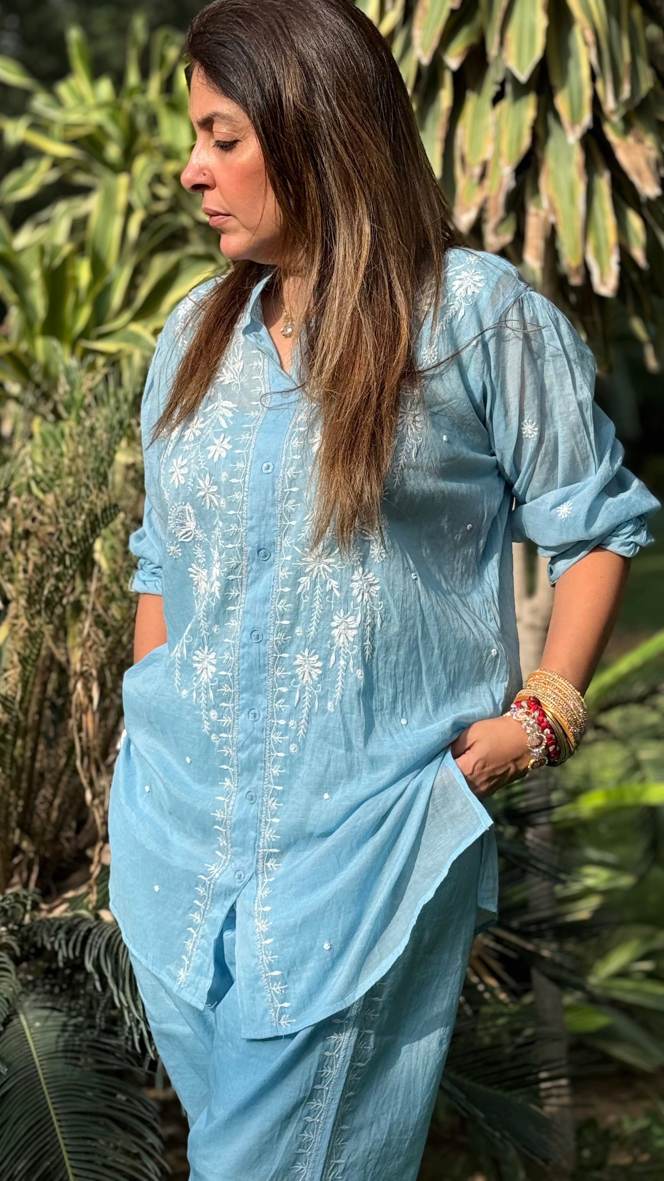 Sky Blue Mul Chanderi Mehak Co-ord Set with Moti Cutdana