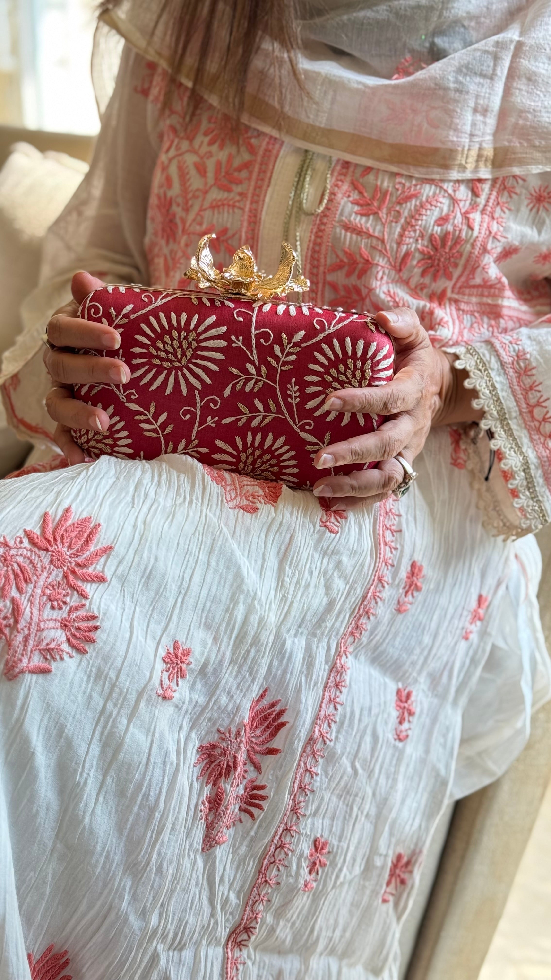 Red Ameera Clutch With Lucknawi and Zari Emroidery
