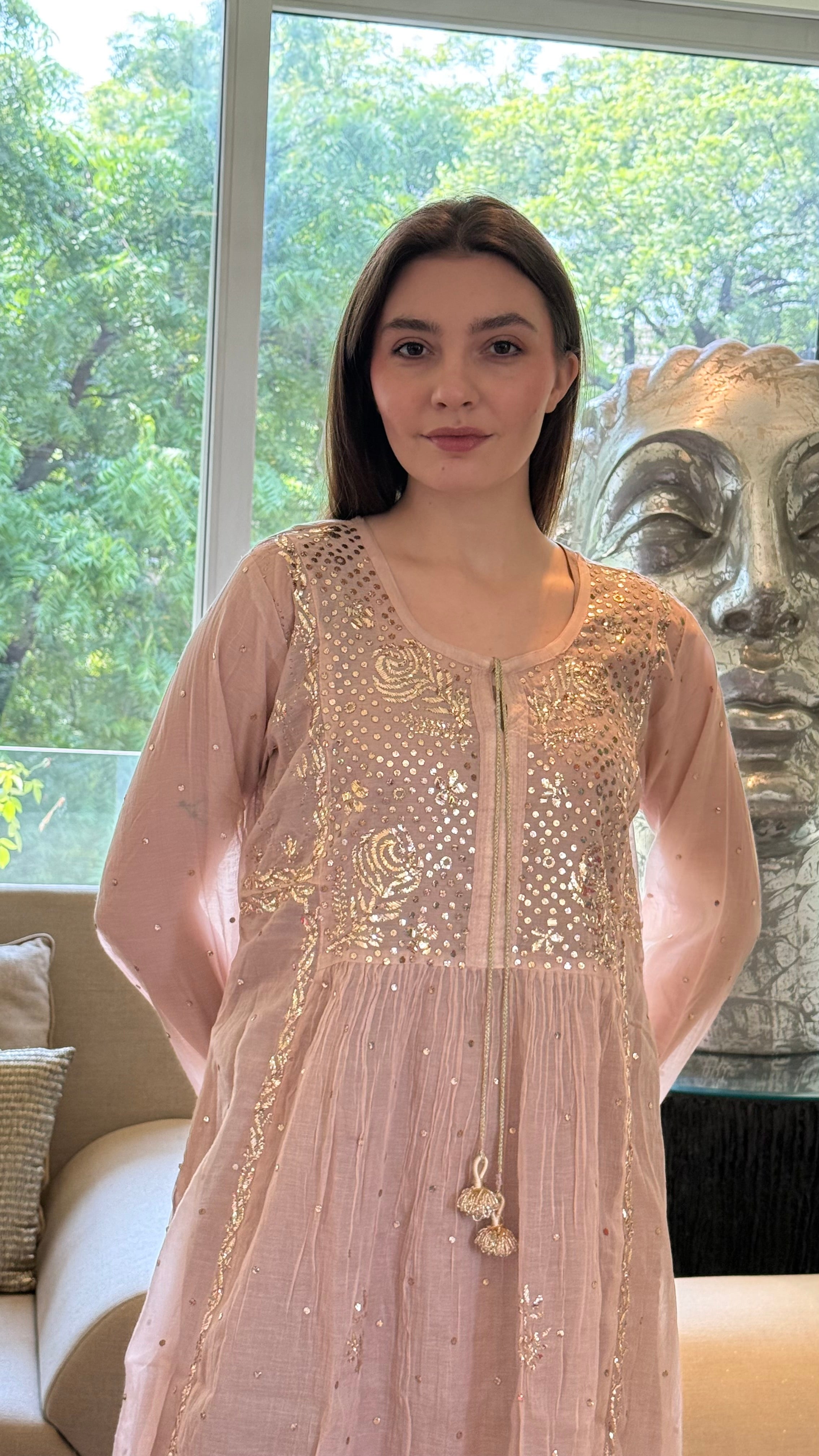 Rose Haya Kurta Dupatta Pant Set in Chanderi with Golden Pitta