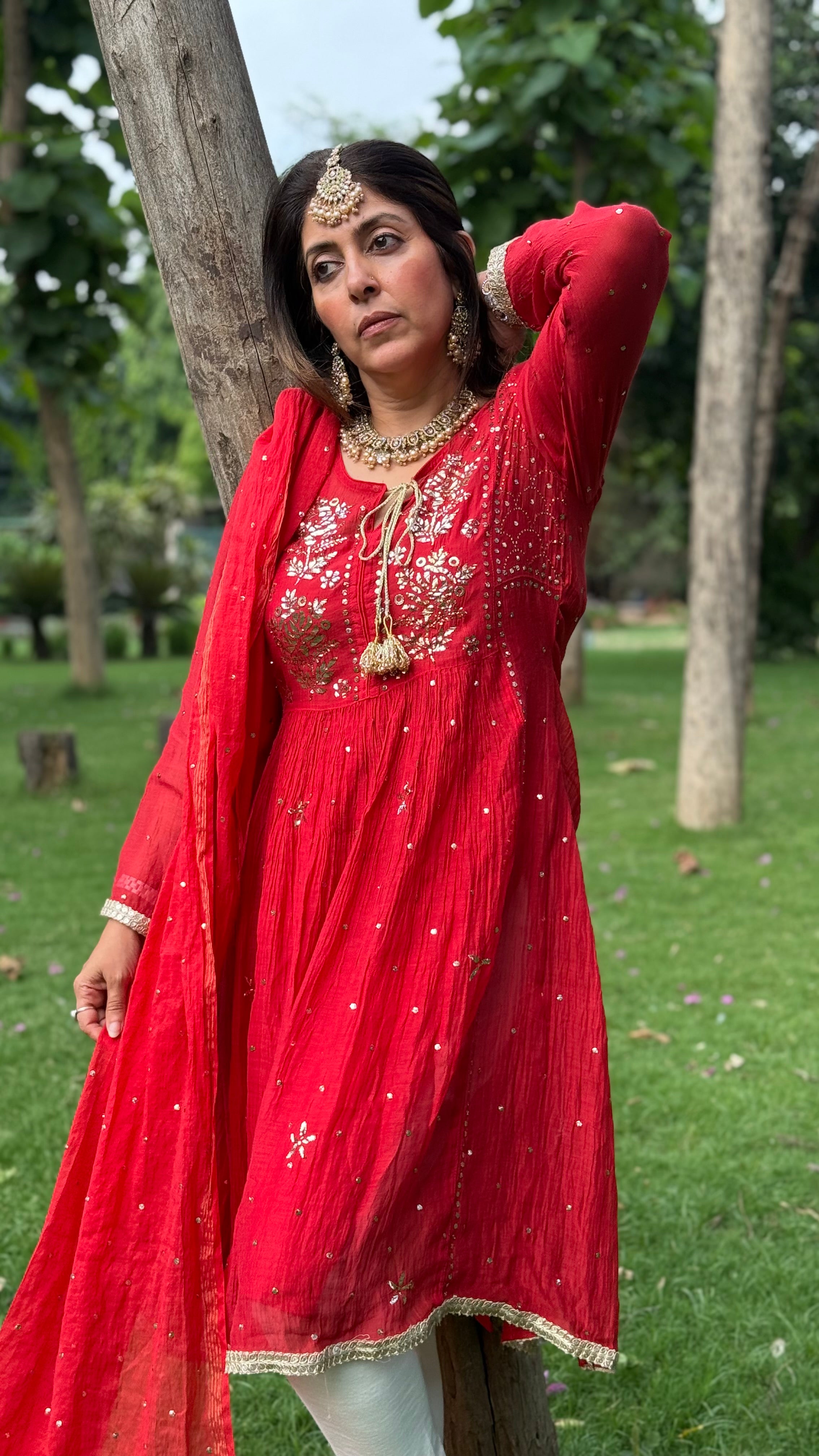 Red Chanderi Inaya Kurta Pant Dupatta with Golden Pitta