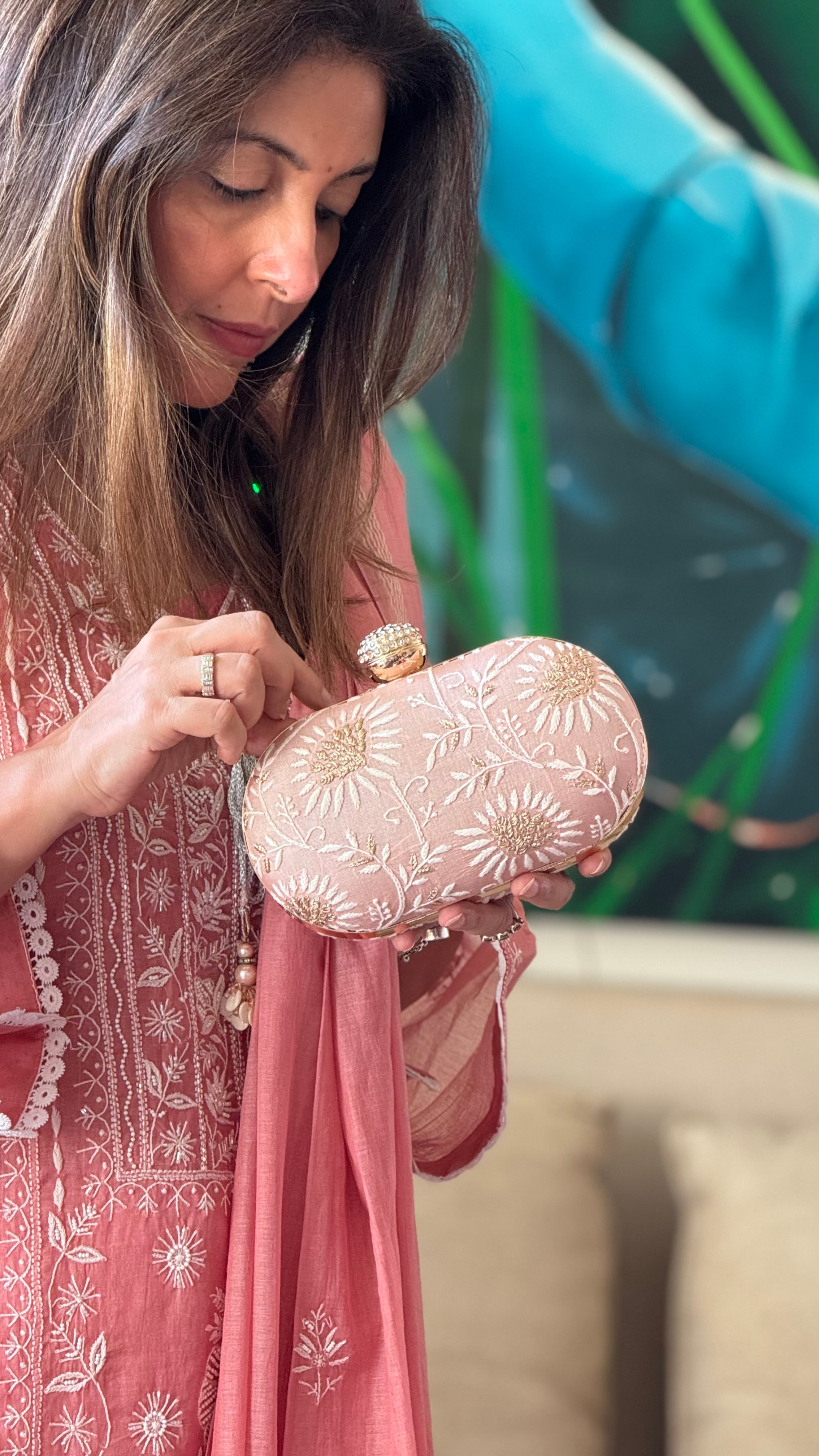 Rose Ameera Clutch With Lucknawi and Zari Emroidery