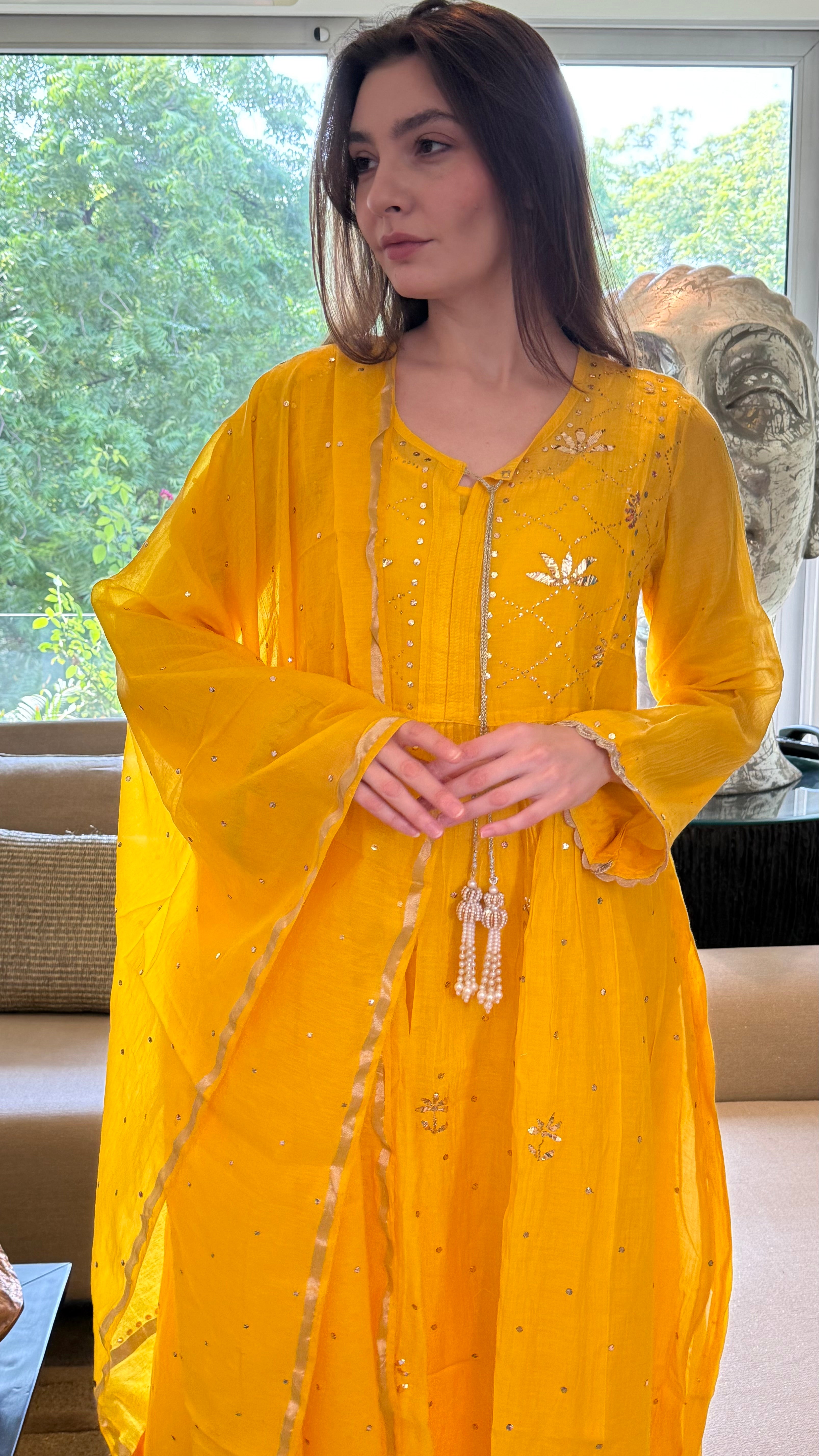 Yellow Haya Kurta Dupatta Pant Set in Chanderi with Golden Pitta