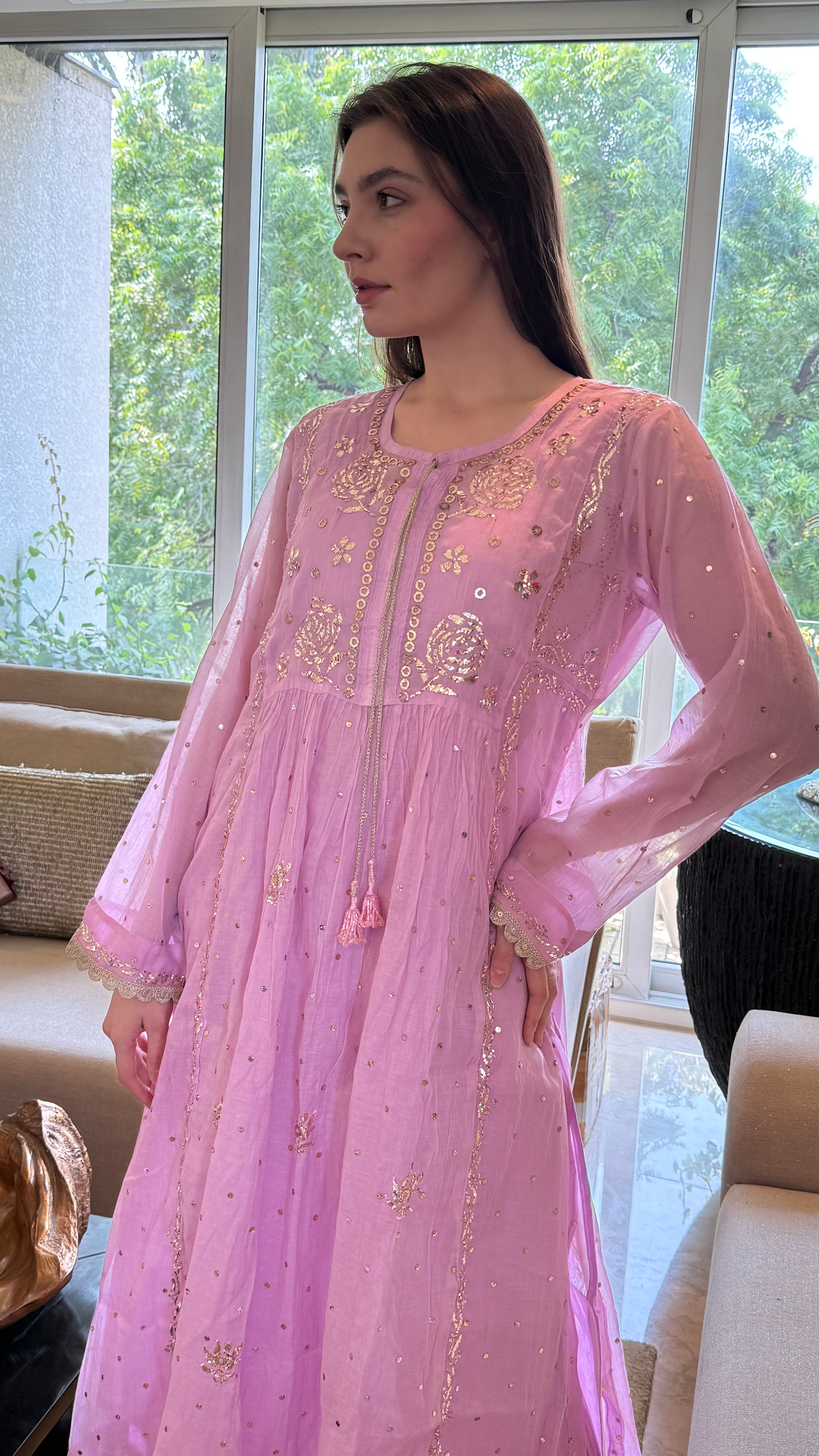 Lilac Haya Kurta Dupatta Pant Set in Chanderi with Golden Pitta