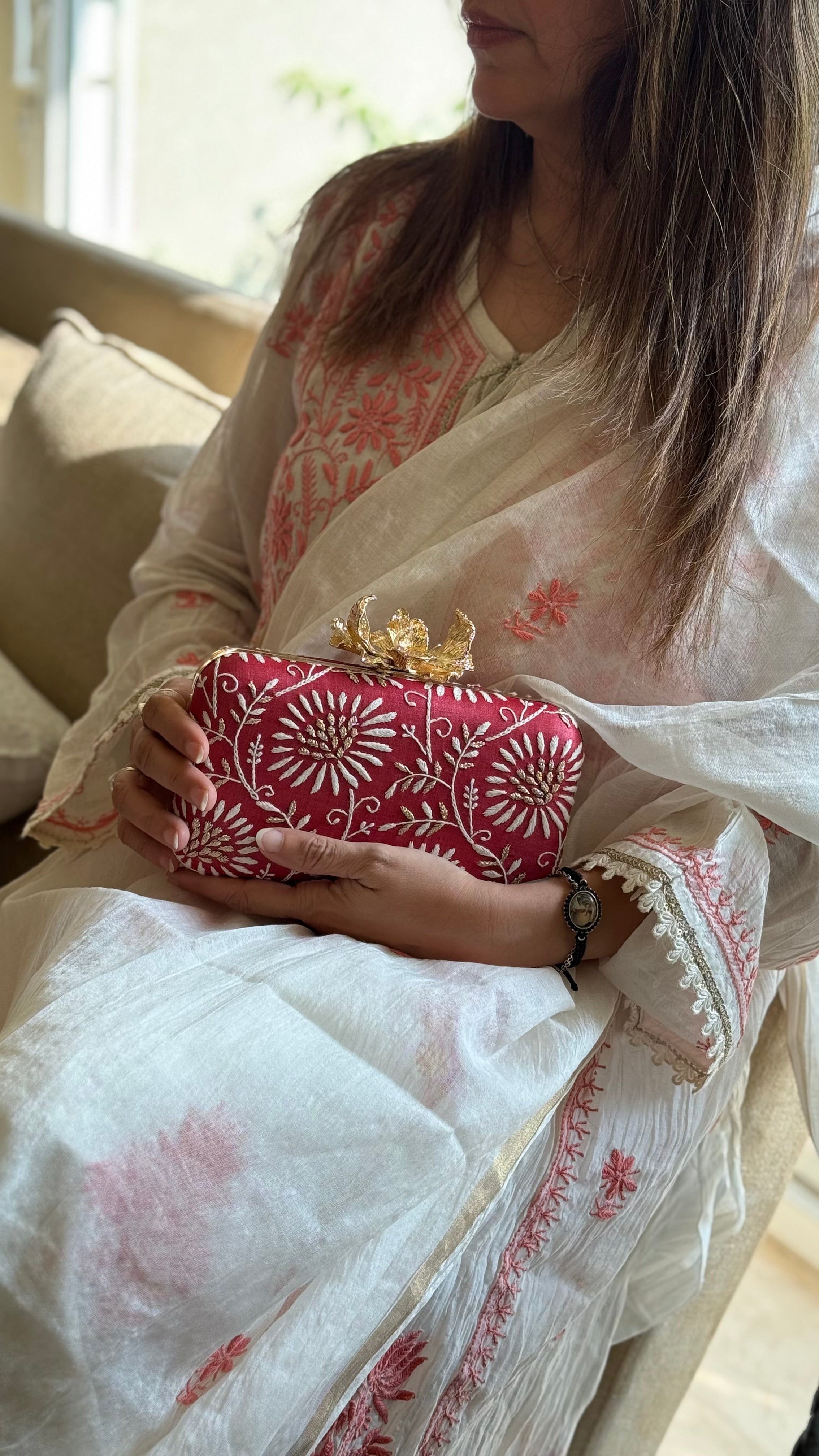 Red Ameera Clutch With Lucknawi and Zari Emroidery