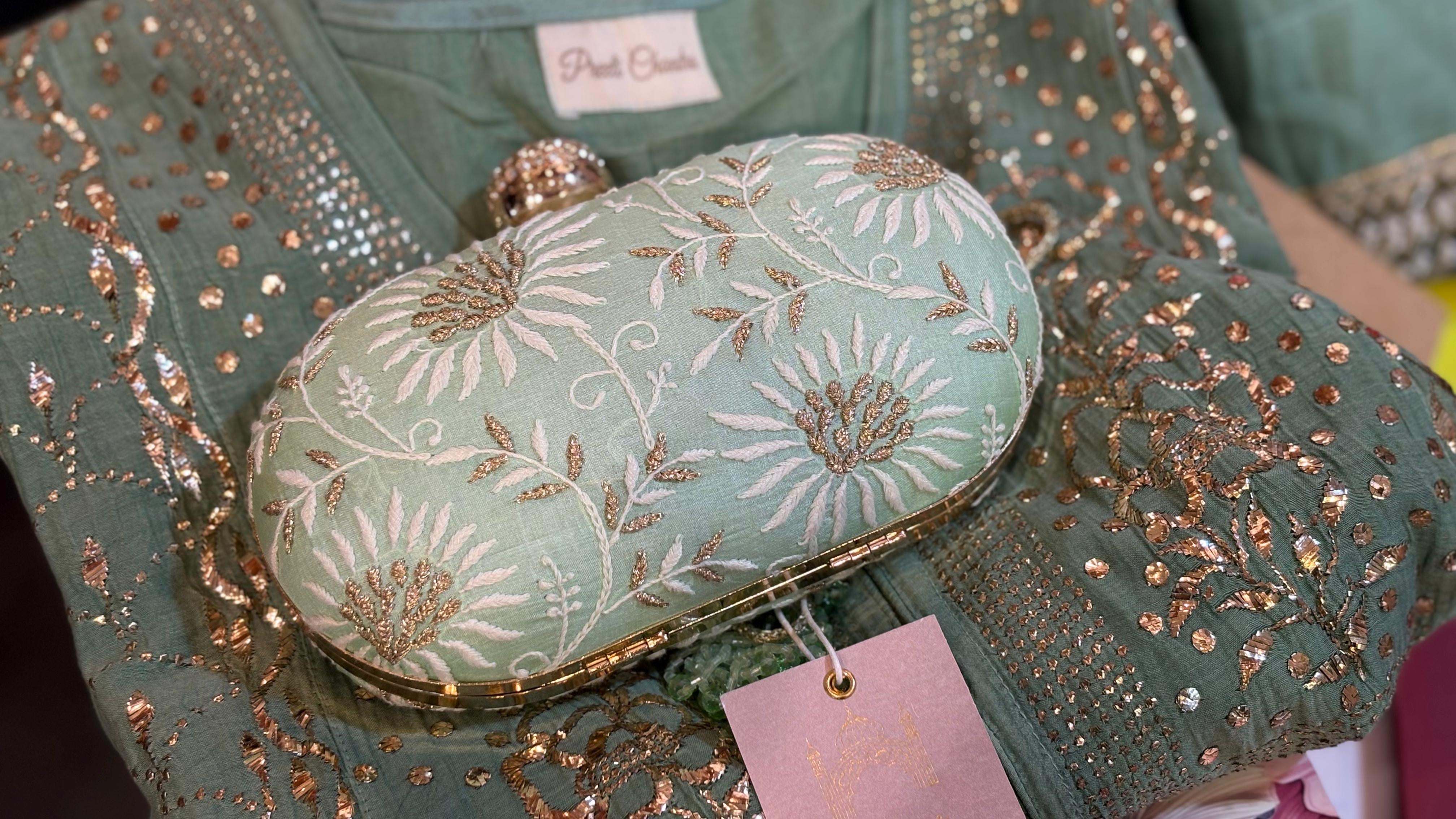 Apple green Ameera Clutch With Lucknawi and Zari Emroidery