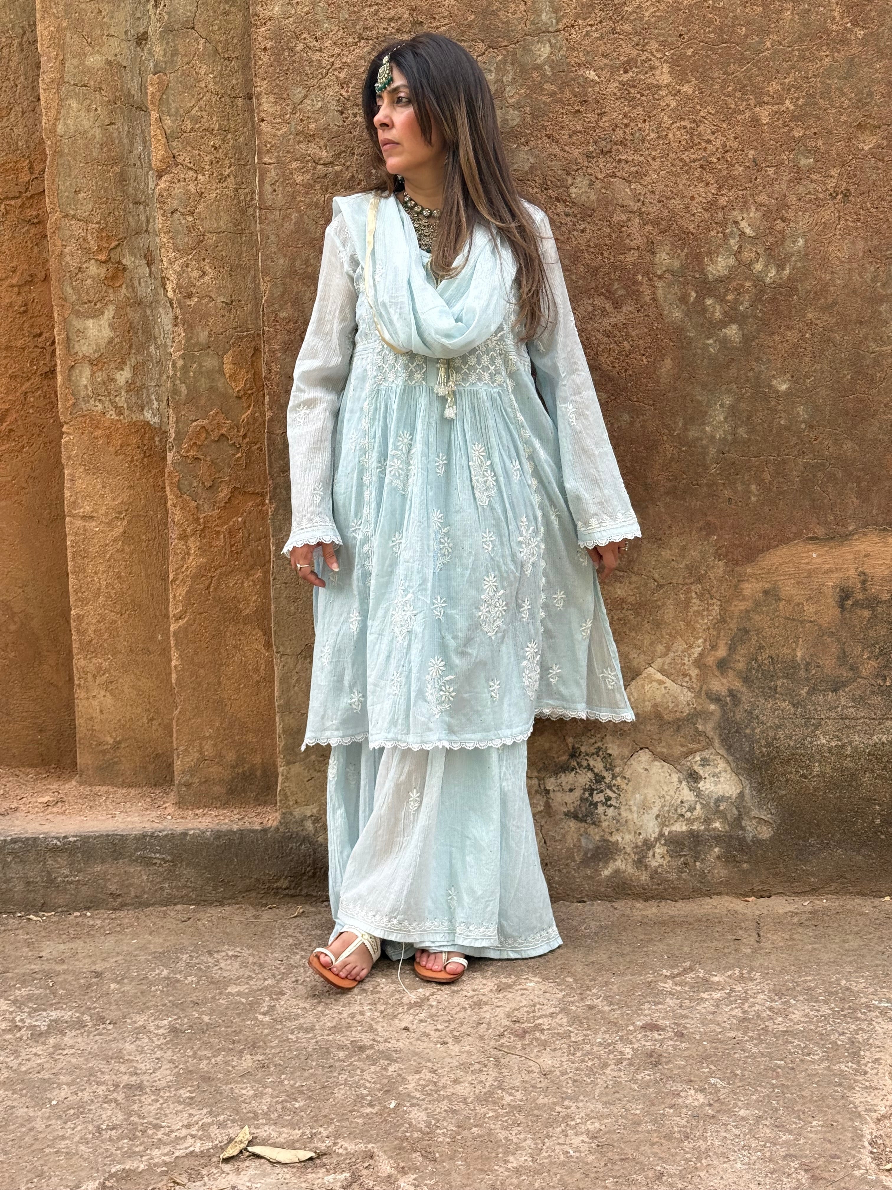 Sky Blue Mul Chanderi Gharara Set with Mukaish