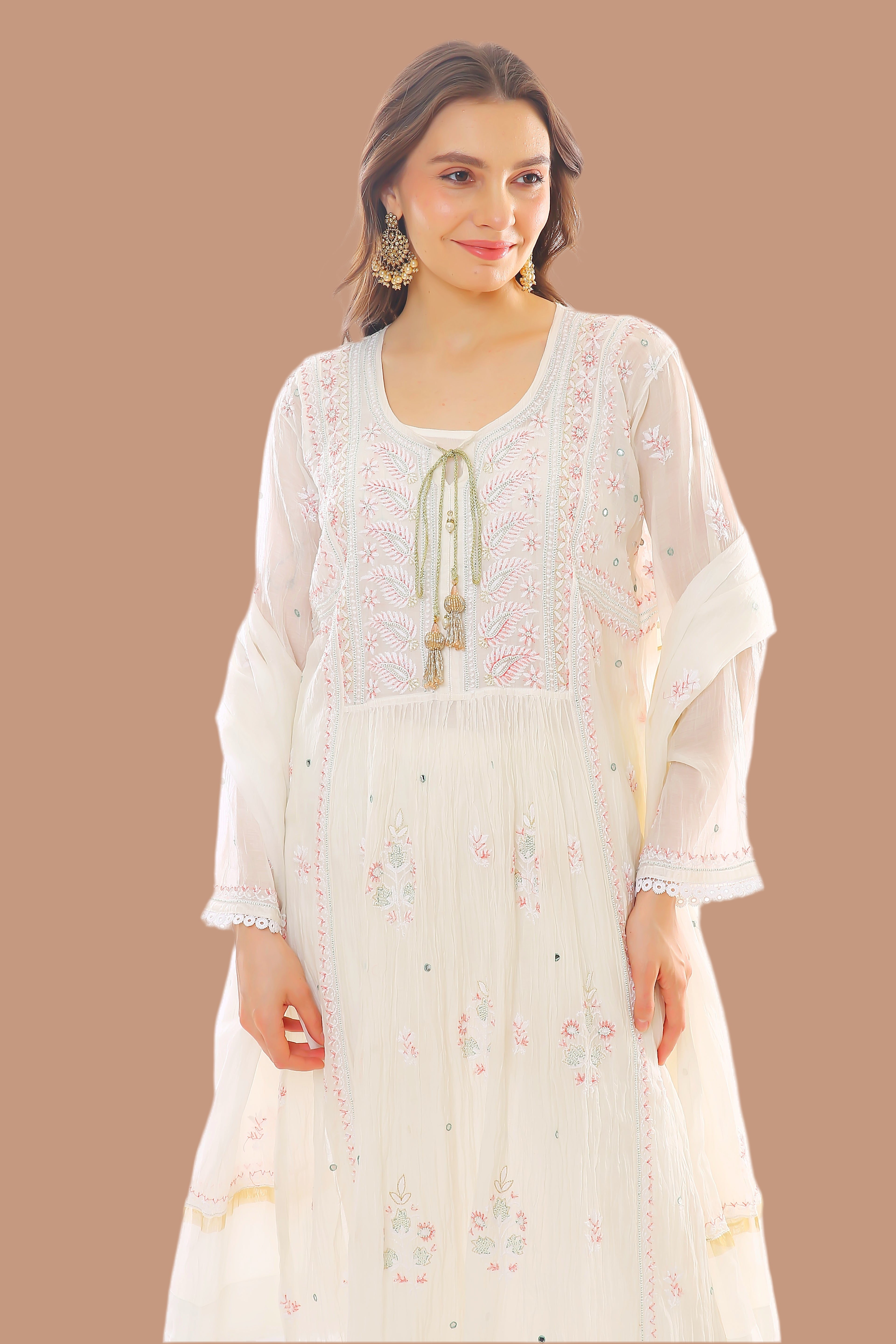 Ivory / Multi Mul Chanderi Kurta Pant Dupatta Set with Moti Cutdana