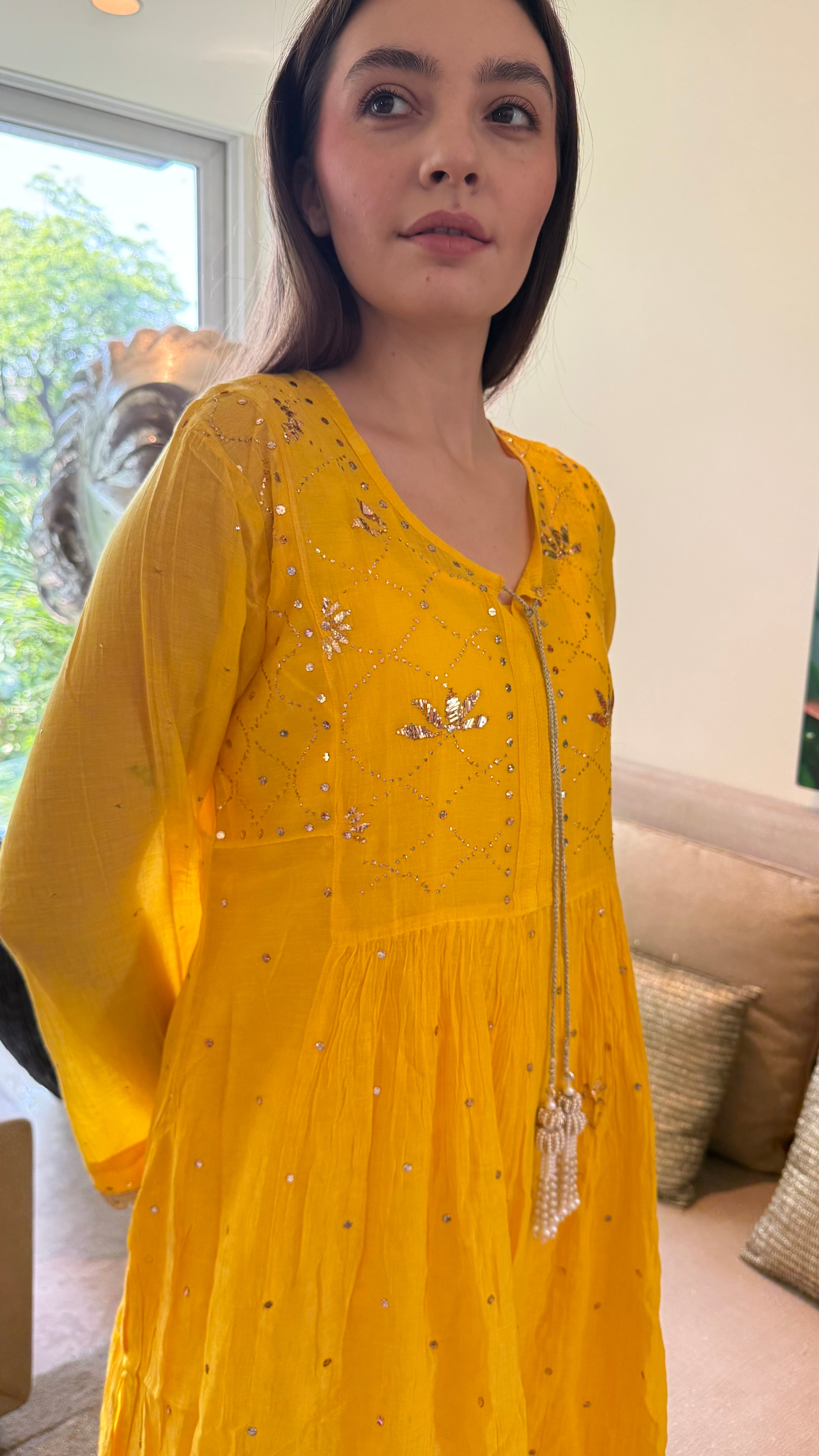 Yellow Haya Kurta Dupatta Pant Set in Chanderi with Golden Pitta