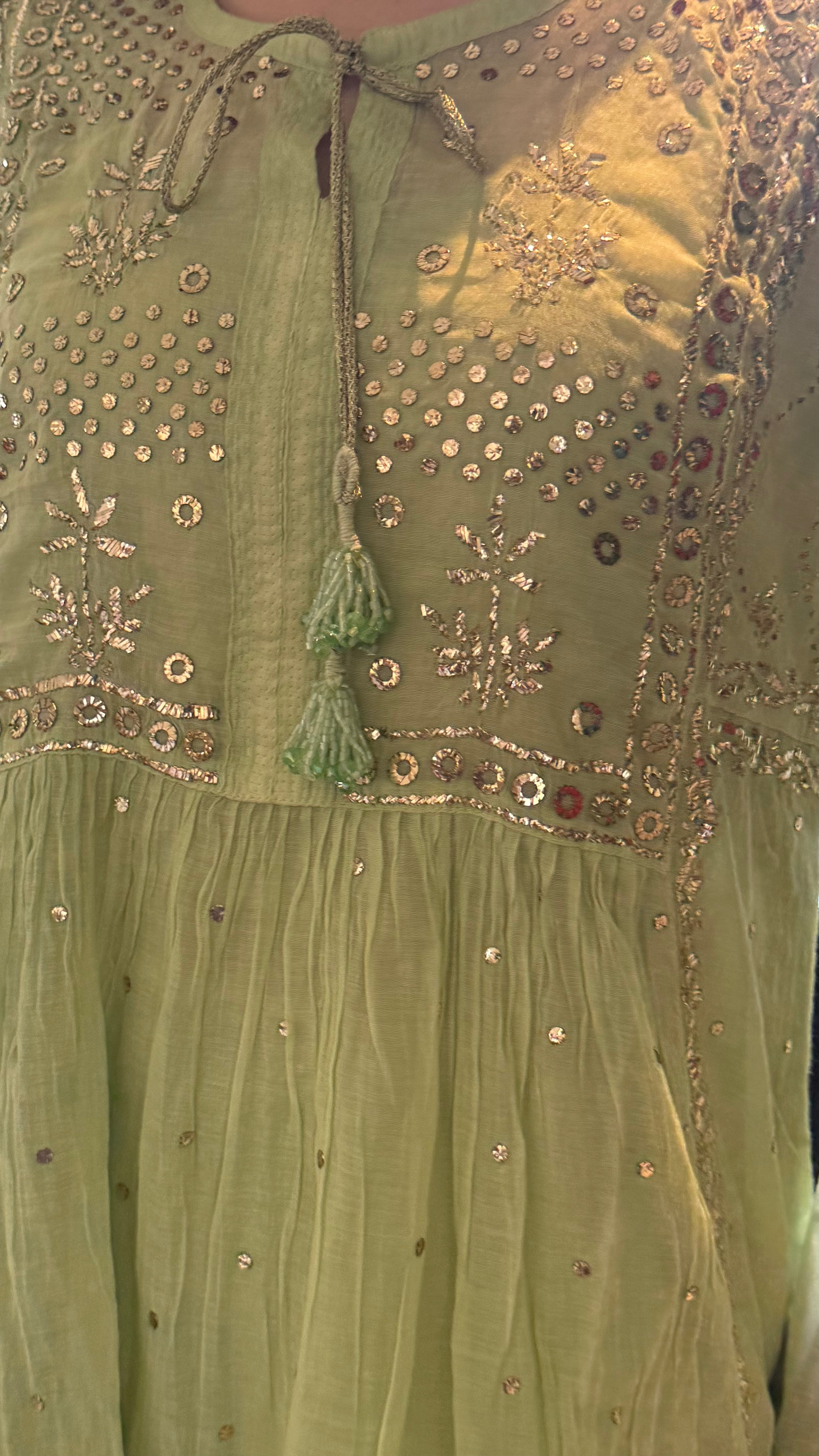 Mint Haya Kurta Dupatta Pant Set in Chanderi with Golden Pitta