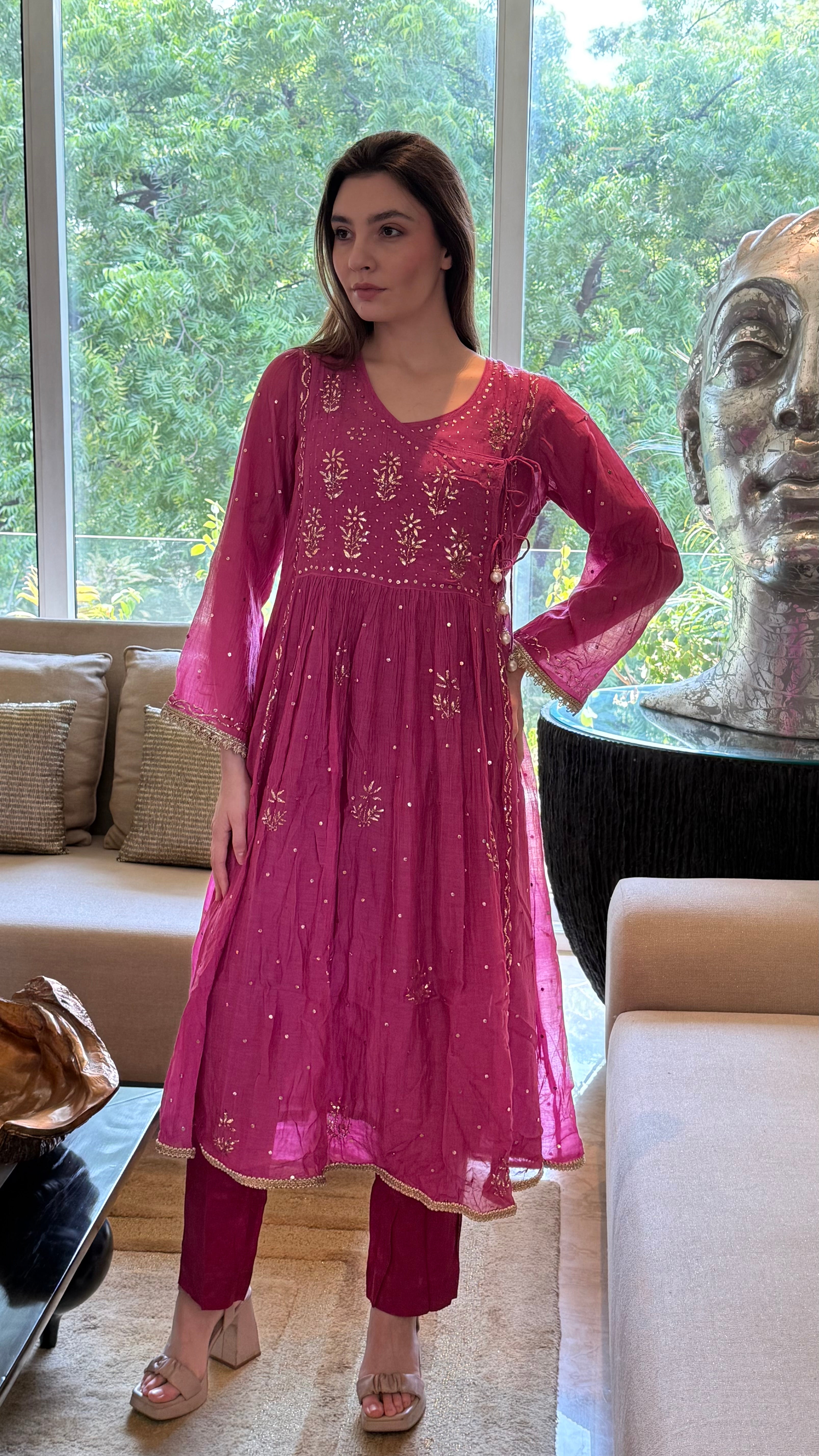 Magenta Haya Angarkha Dupatta Pant Set in Chanderi with Golden Pitta