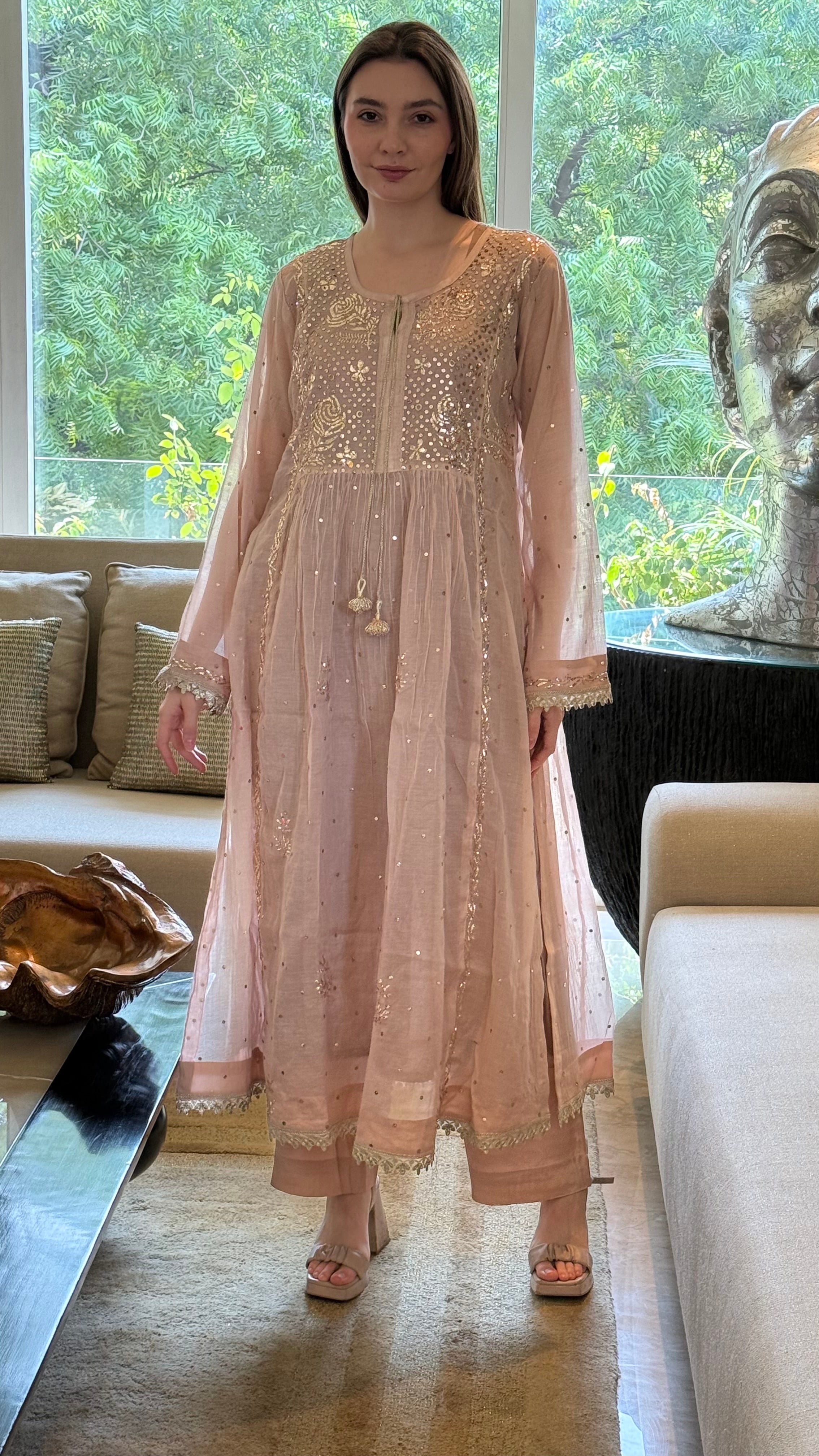 Rose Haya Kurta Dupatta Pant Set in Chanderi with Golden Pitta