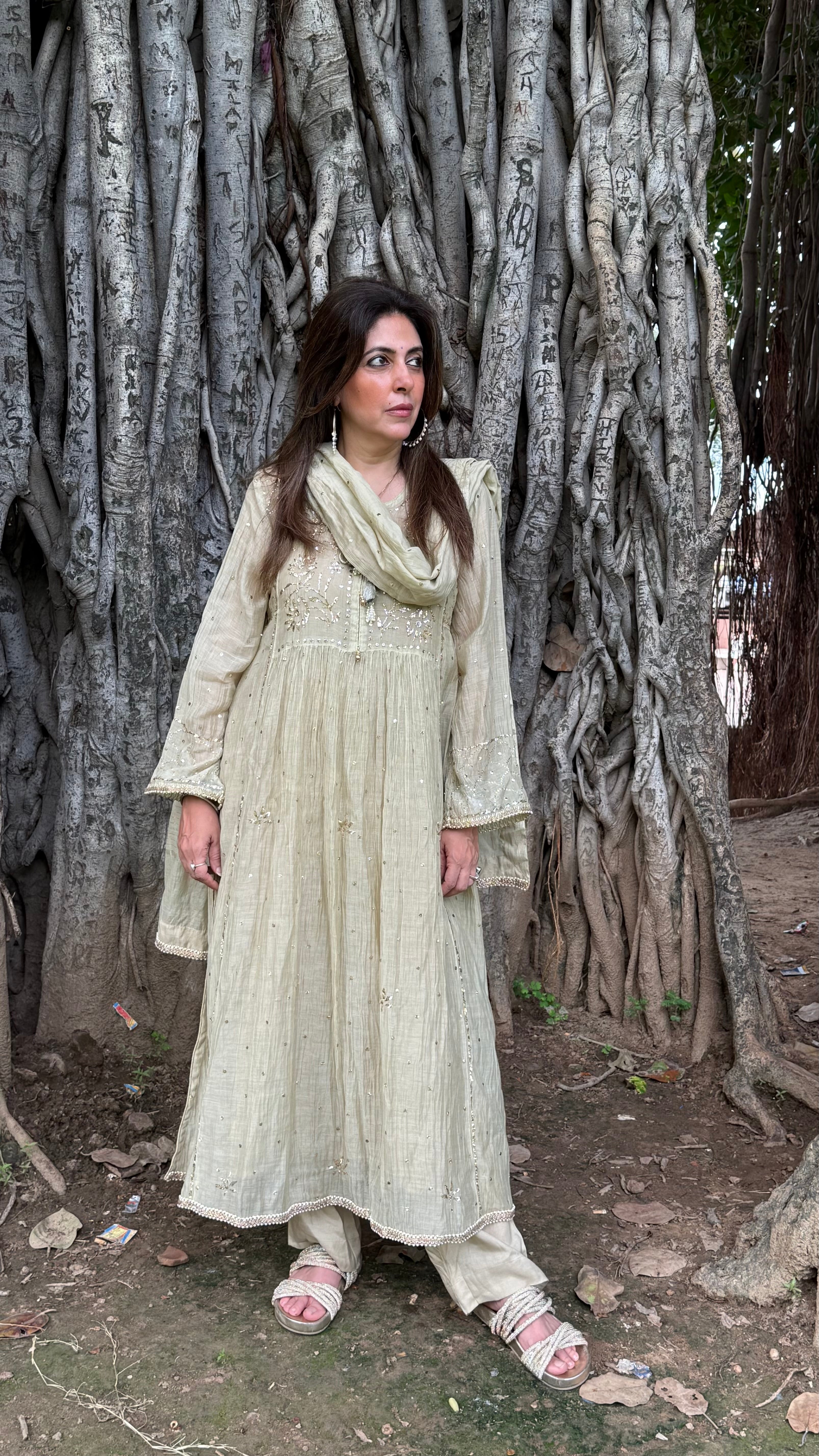Sage Green Haya Kurta Dupatta Pant Set in Chanderi with Golden Pitta