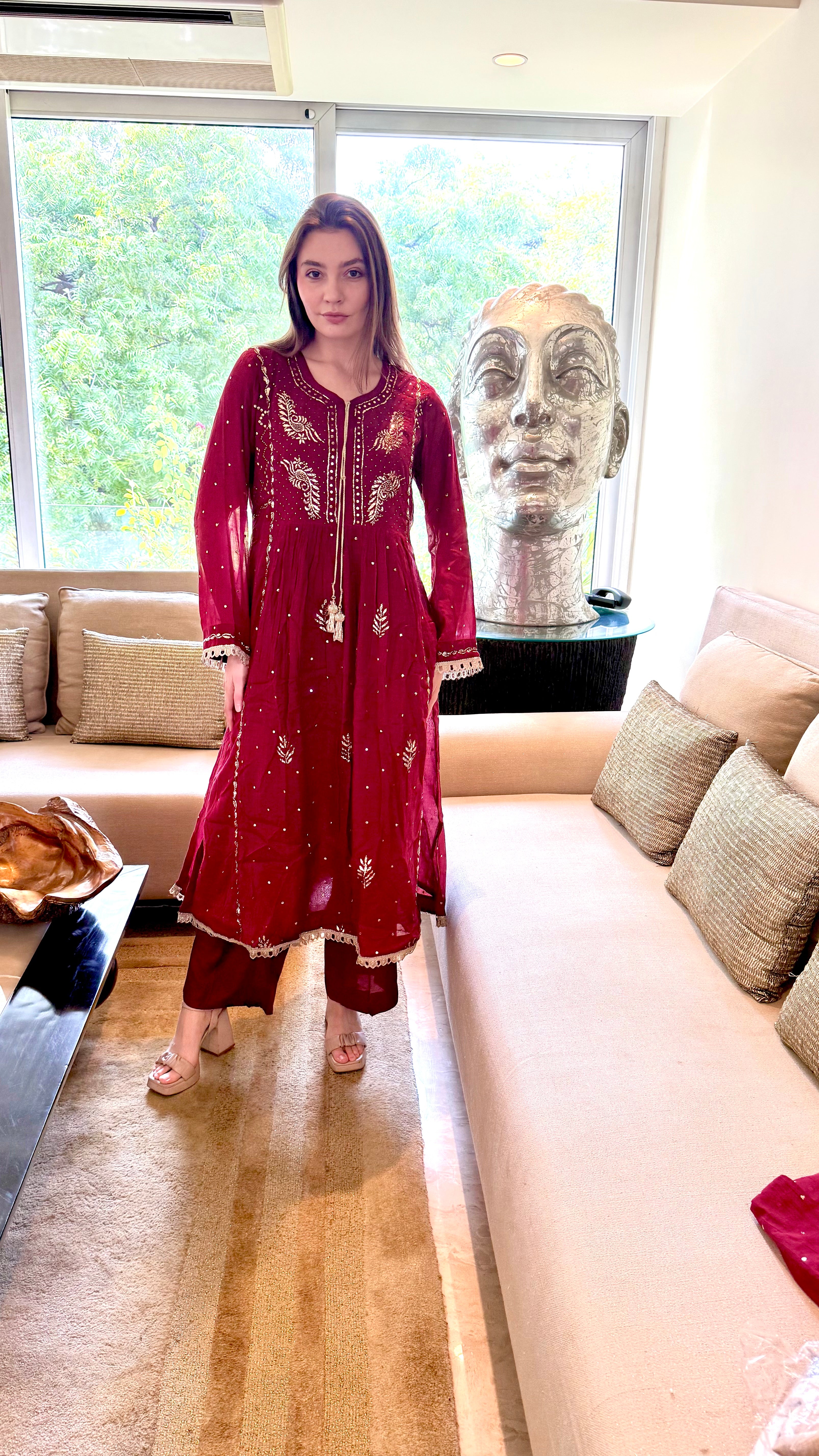 Maroon Haya Kurta Dupatta Pant Set in Chanderi with Golden Pitta