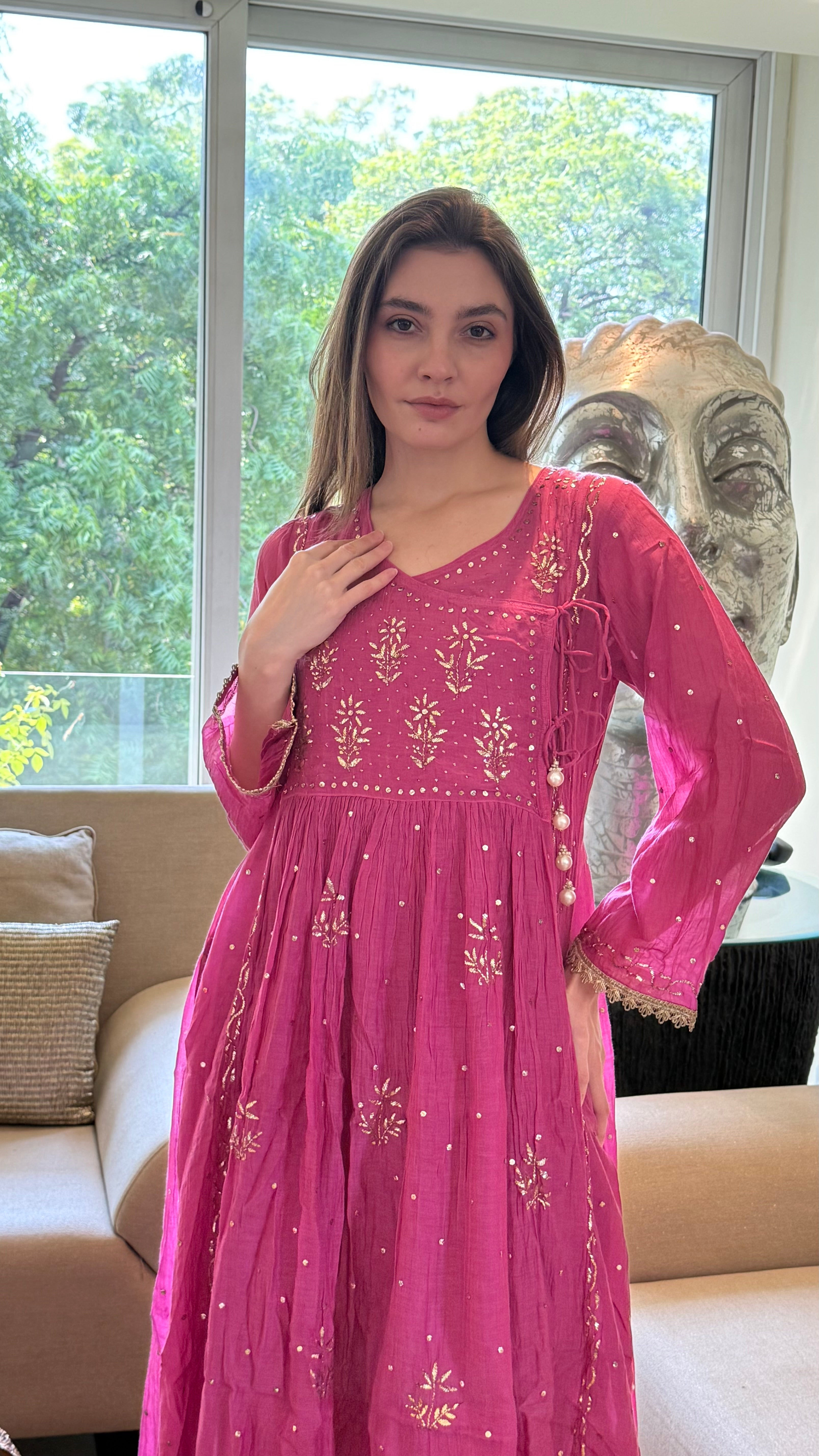 Magenta Haya Angarkha Dupatta Pant Set in Chanderi with Golden Pitta