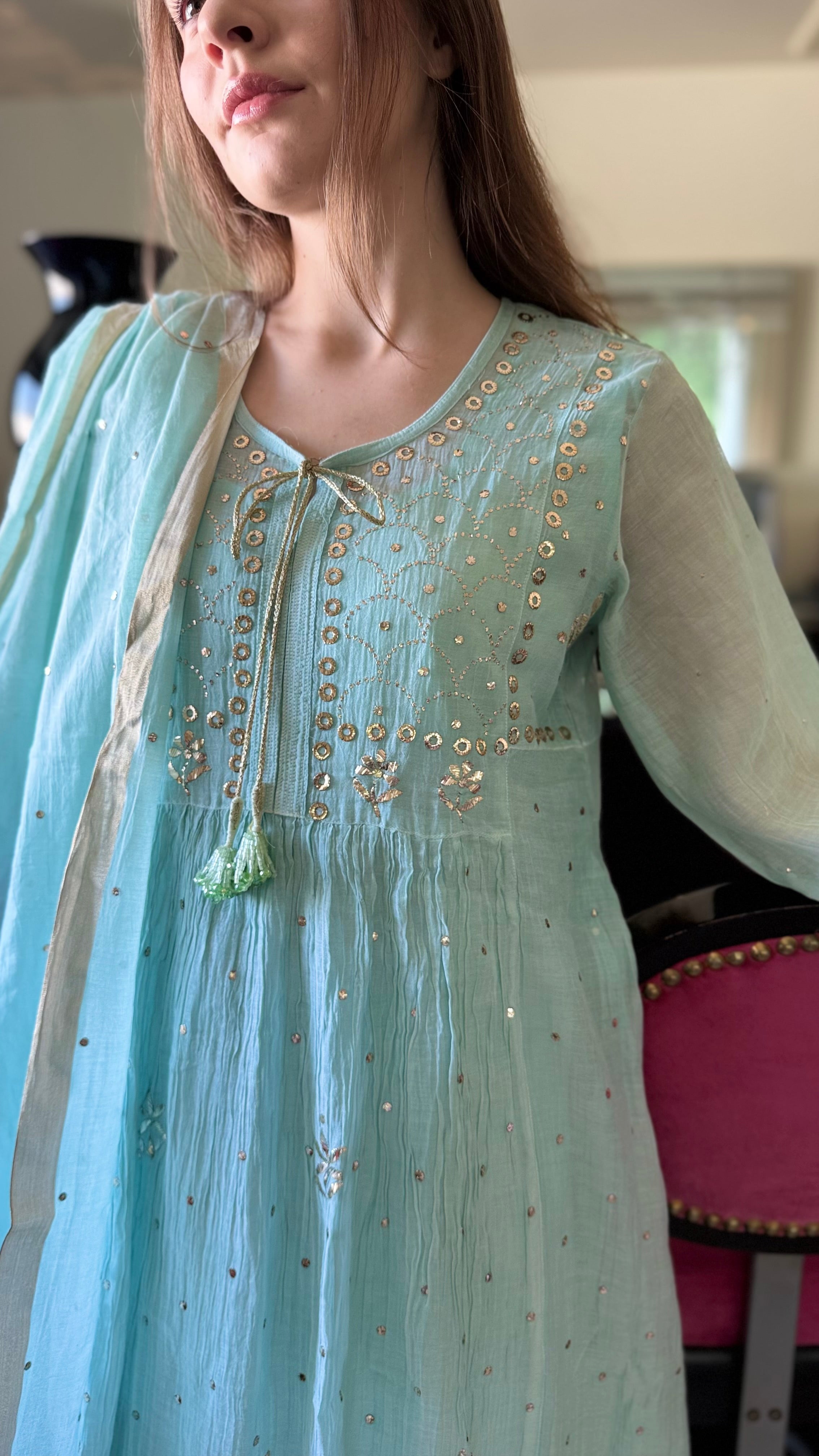 Aqua Haya Kurta Dupatta Pant Set in Chanderi with Golden Pitta