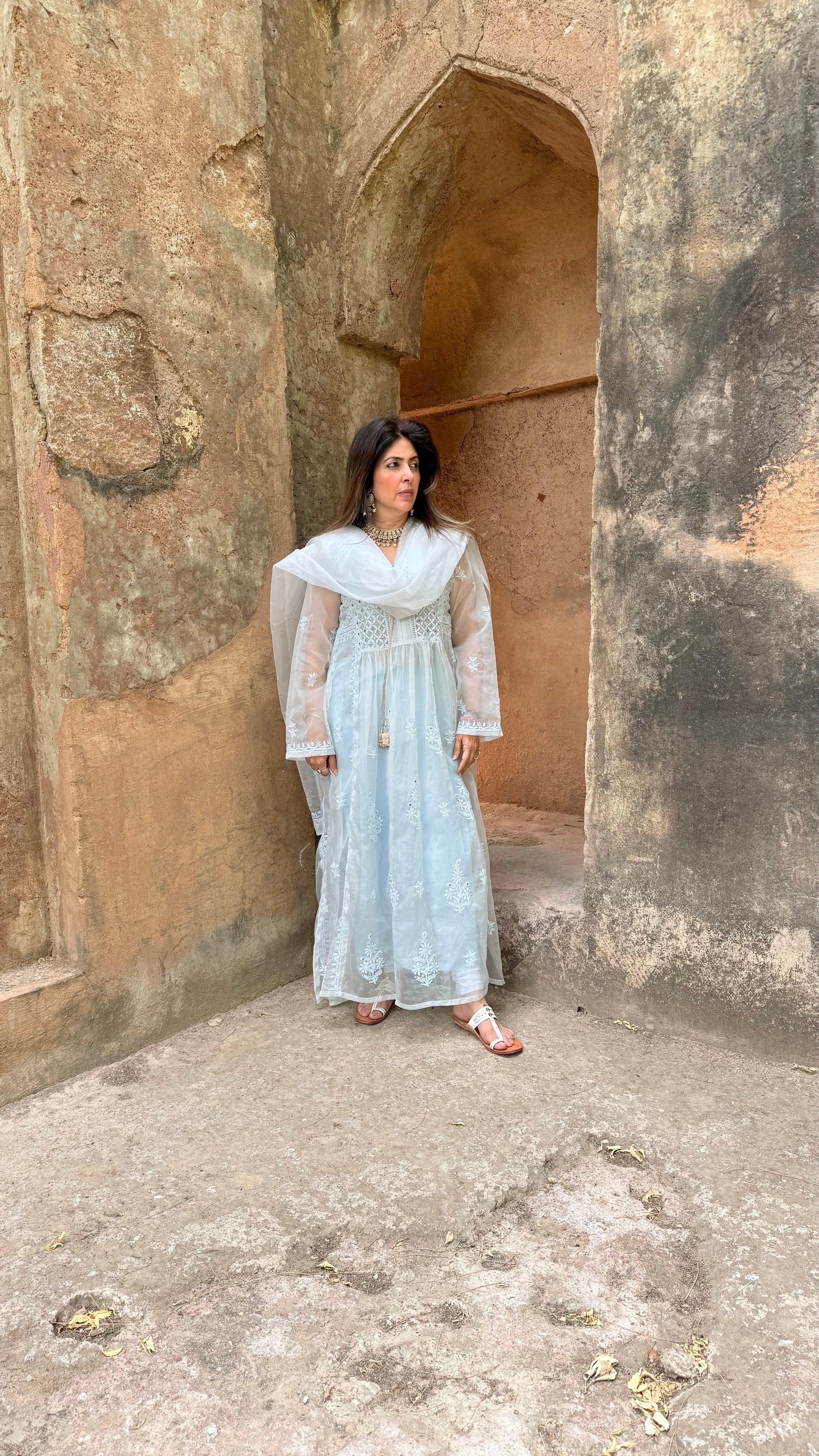 Ice Blue Organza Husna Kurta Pant Dupatta with Moti Cutdana