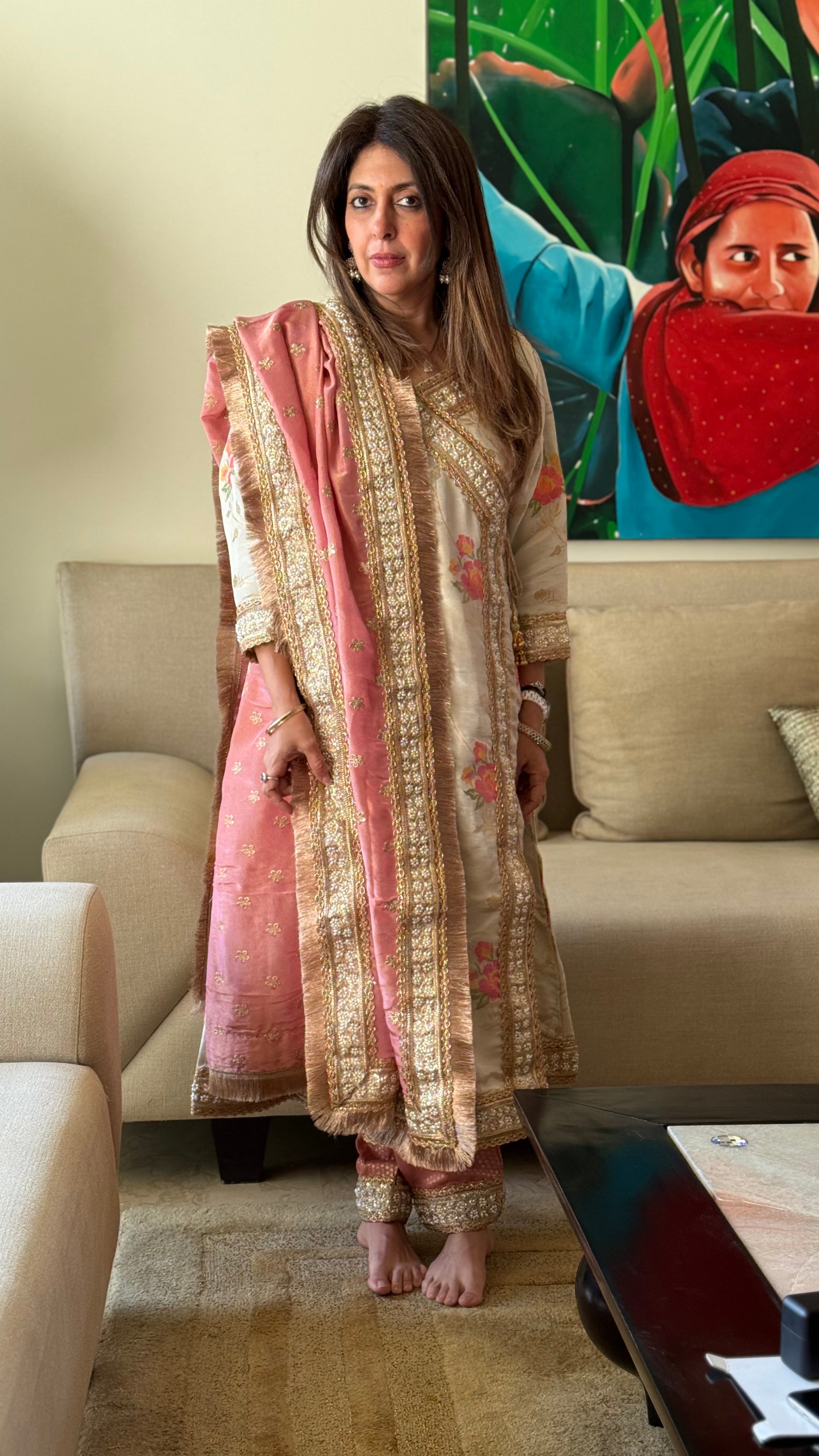Ivory And Pink Hamida Angarkha set