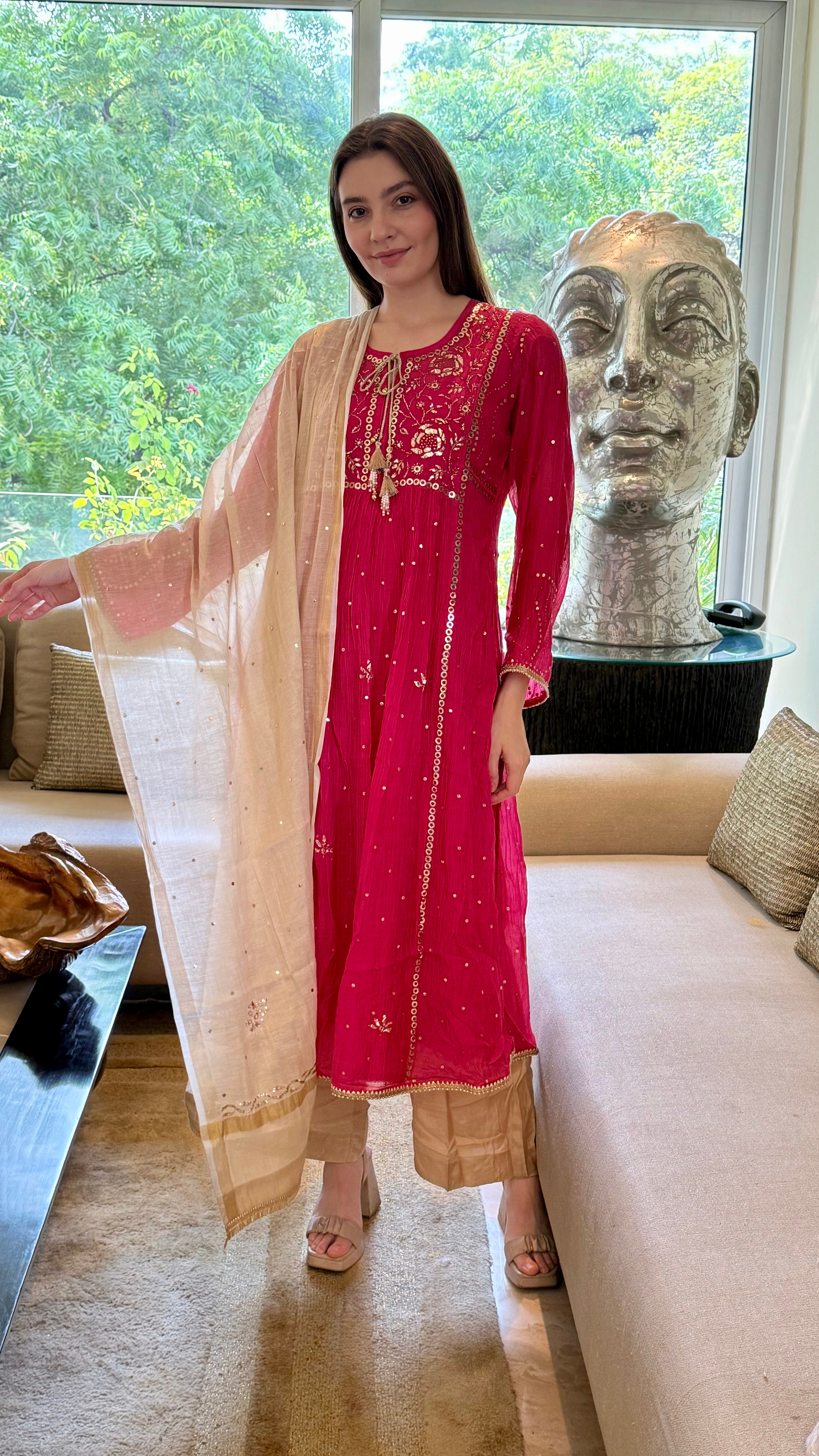 Raani Haya Kurta Dupatta Pant Set in Chanderi with Golden Pitta