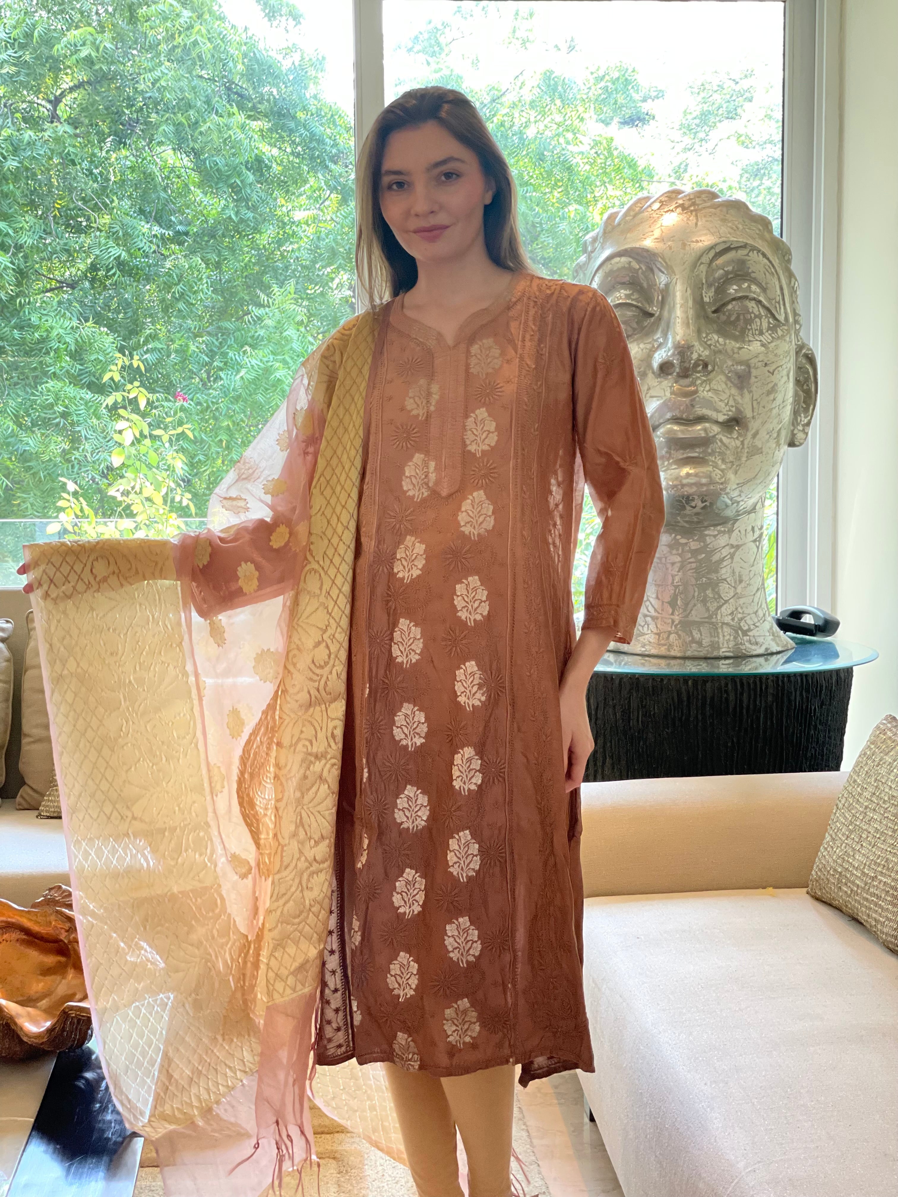 Rust Bano Mul Chanderi Anarkali With Brocade