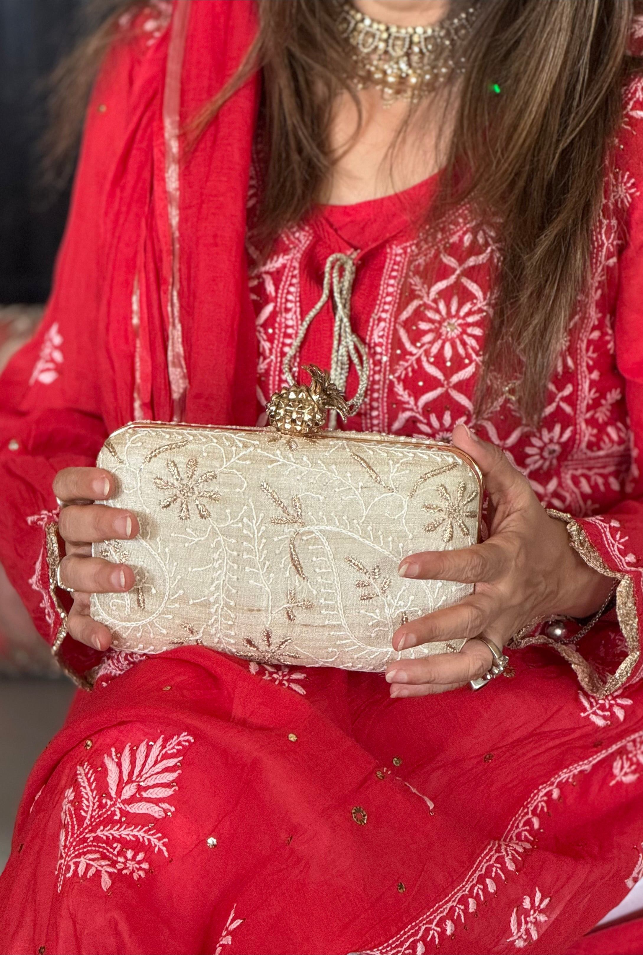 Beige Ameera Clutch With Lucknawi and Zari Emroidery