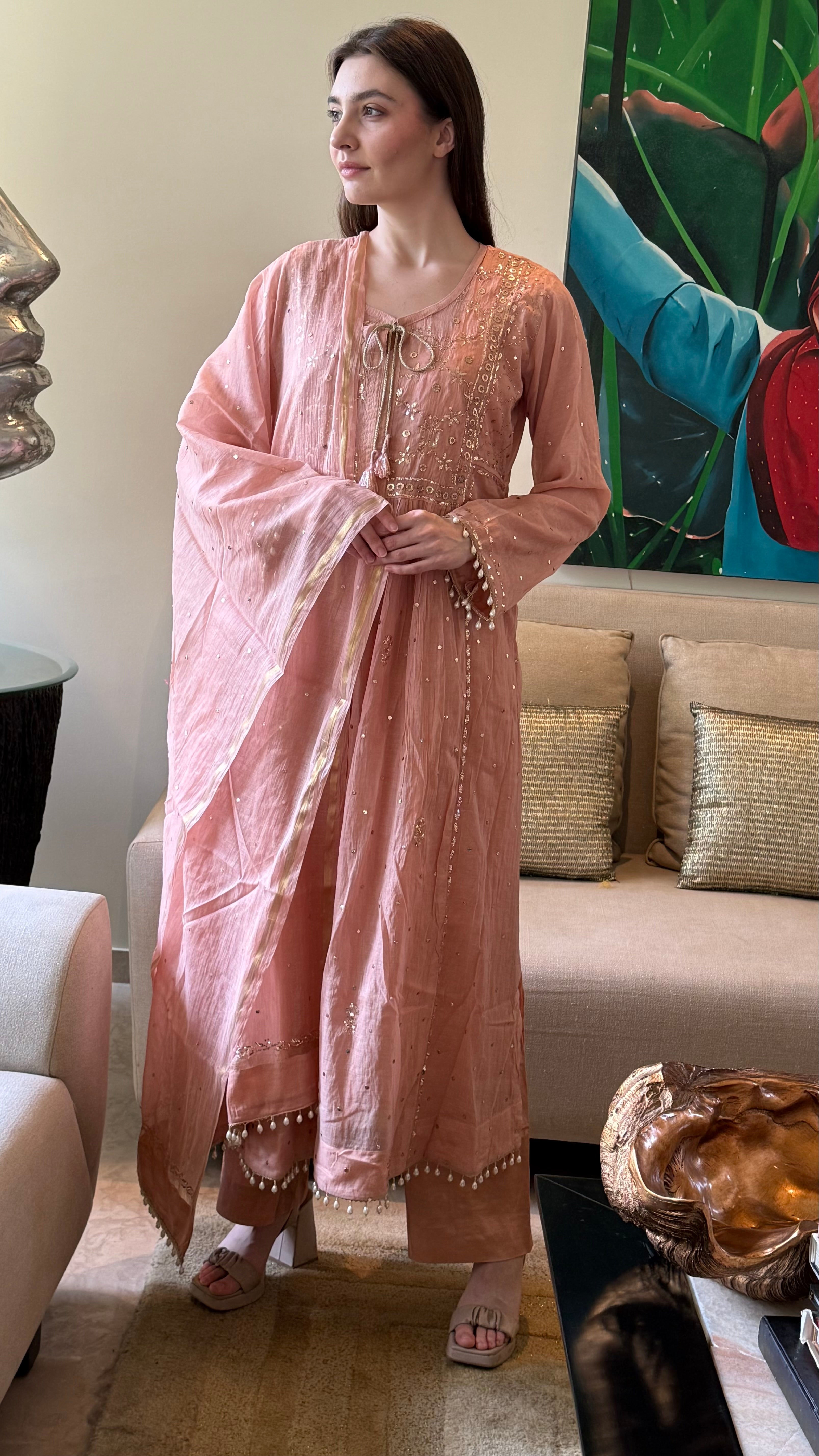 Dark Nude Haya Kurta Dupatta Pant Set in Chanderi with Golden Pitta