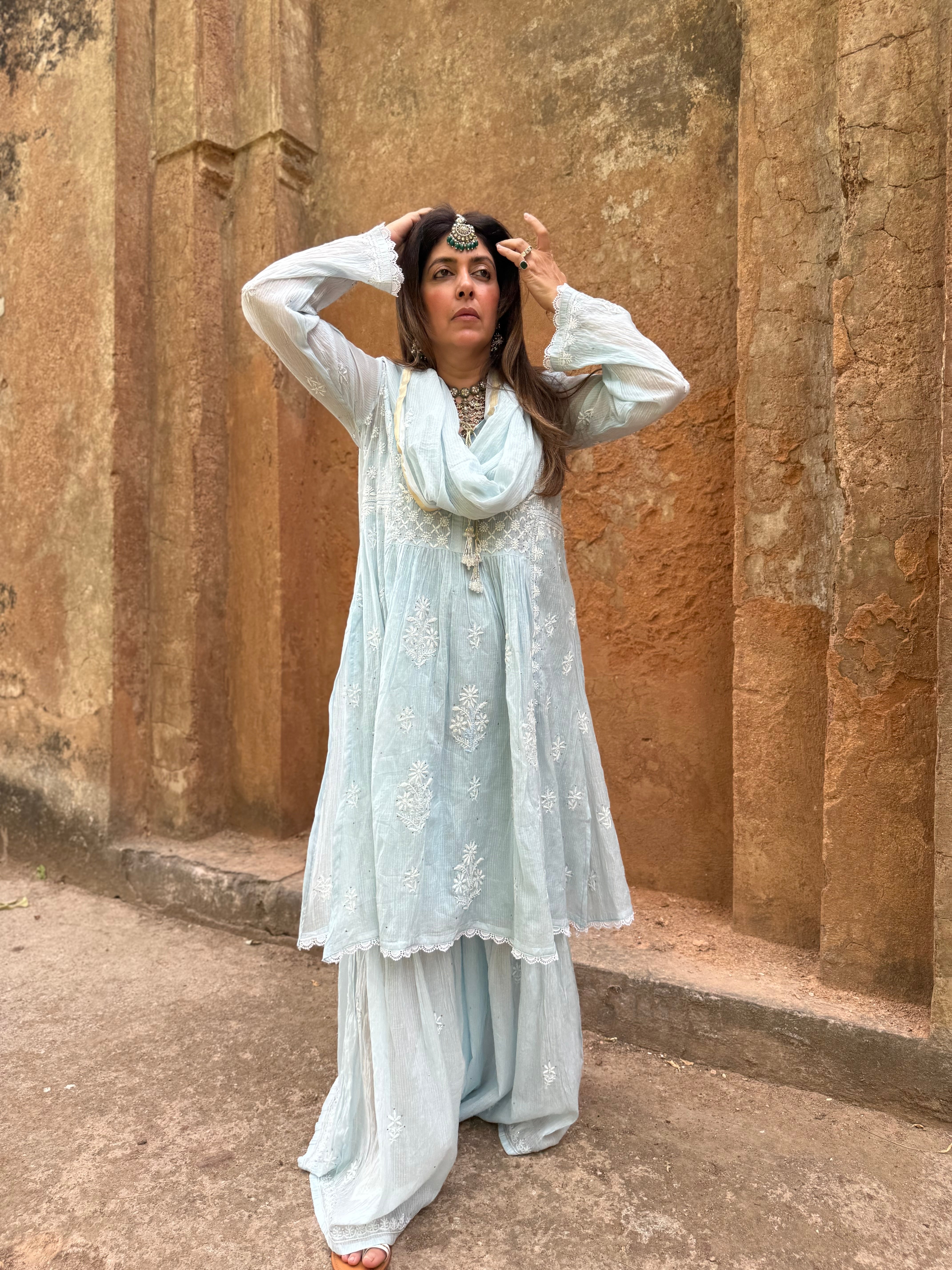 Sky Blue Mul Chanderi Gharara Set with Mukaish