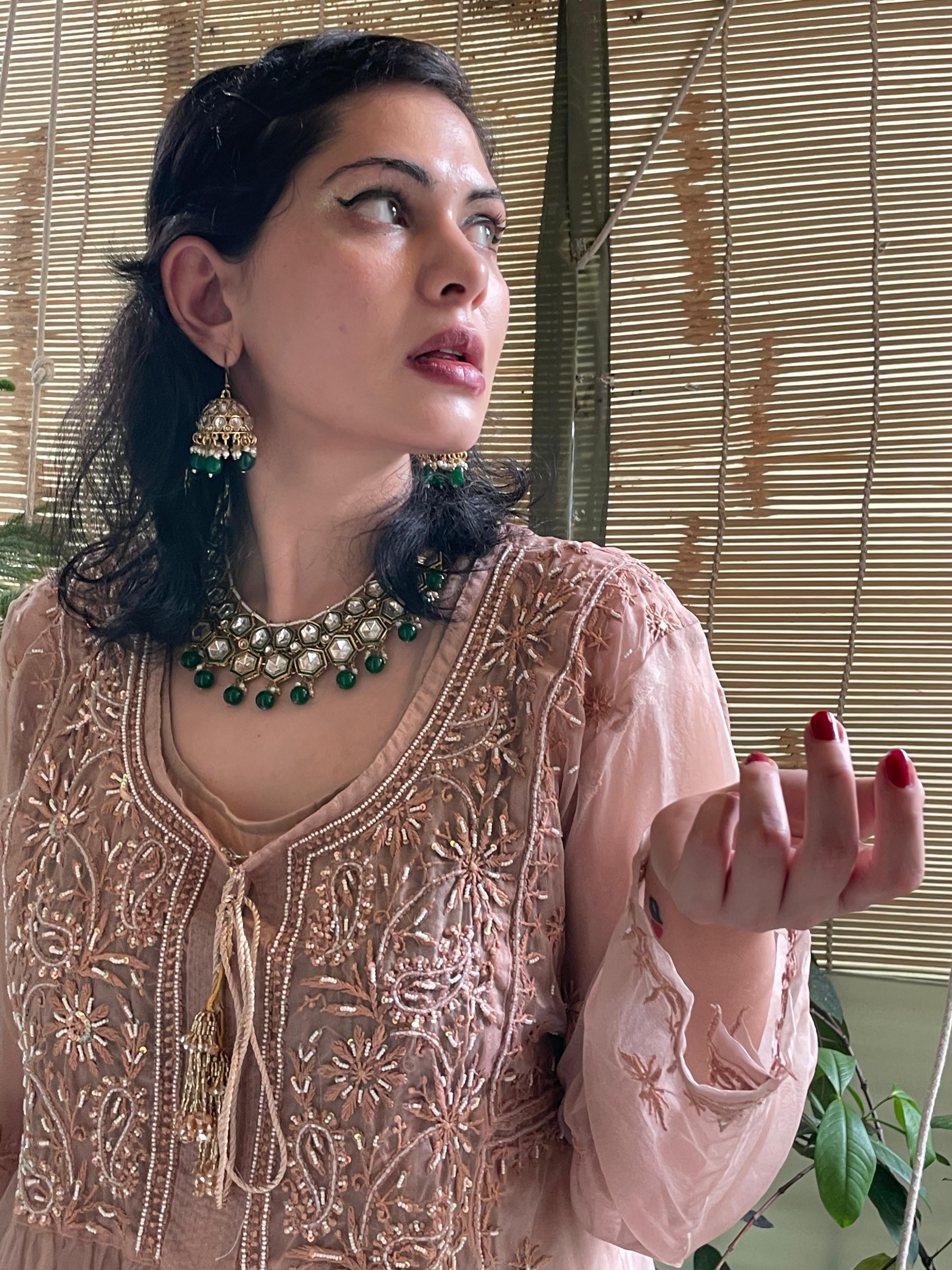 Brown Organza Husna Kurta Pant Dupatta with Moti Cutdana
