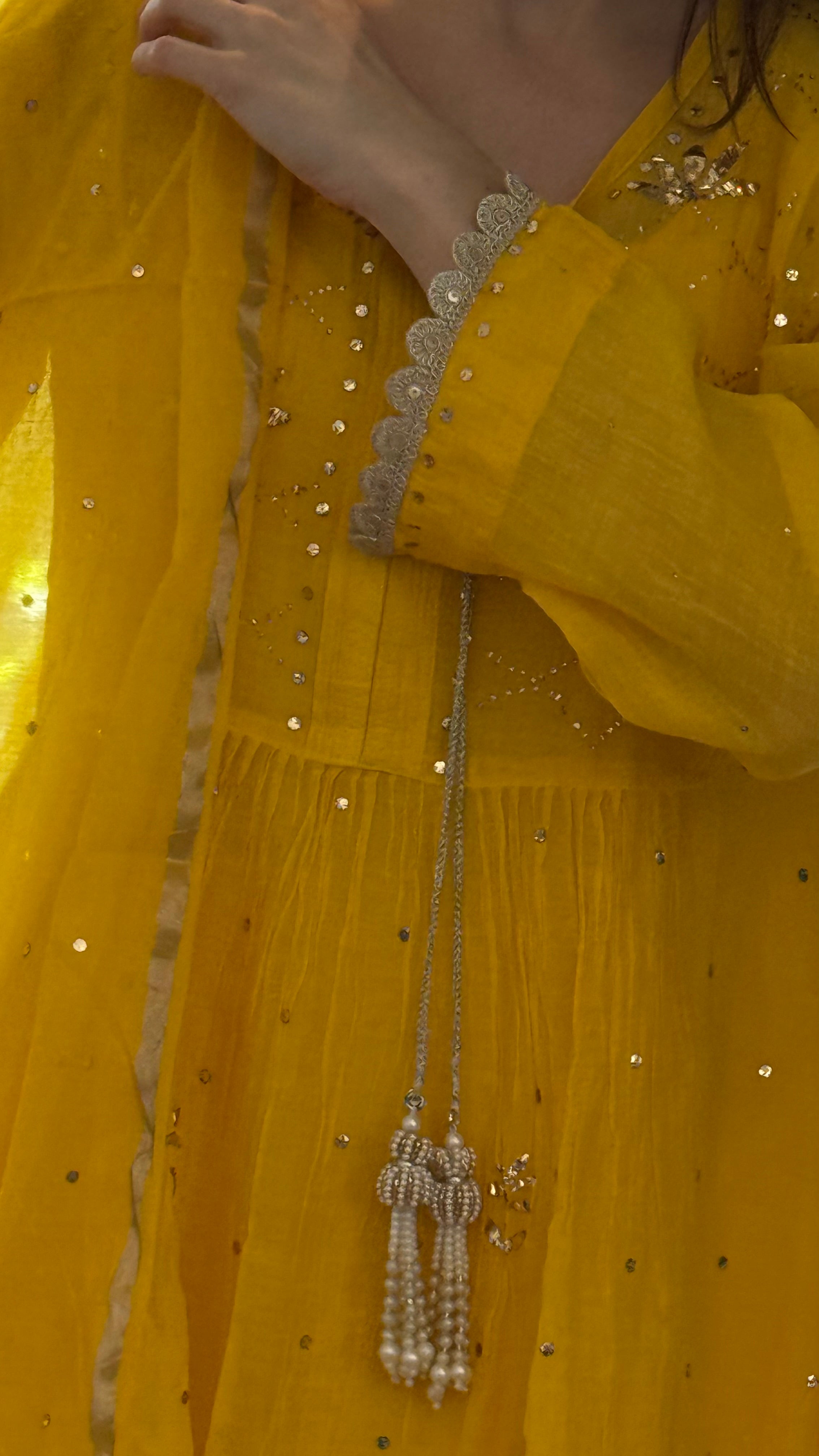 Yellow Haya Kurta Dupatta Pant Set in Chanderi with Golden Pitta