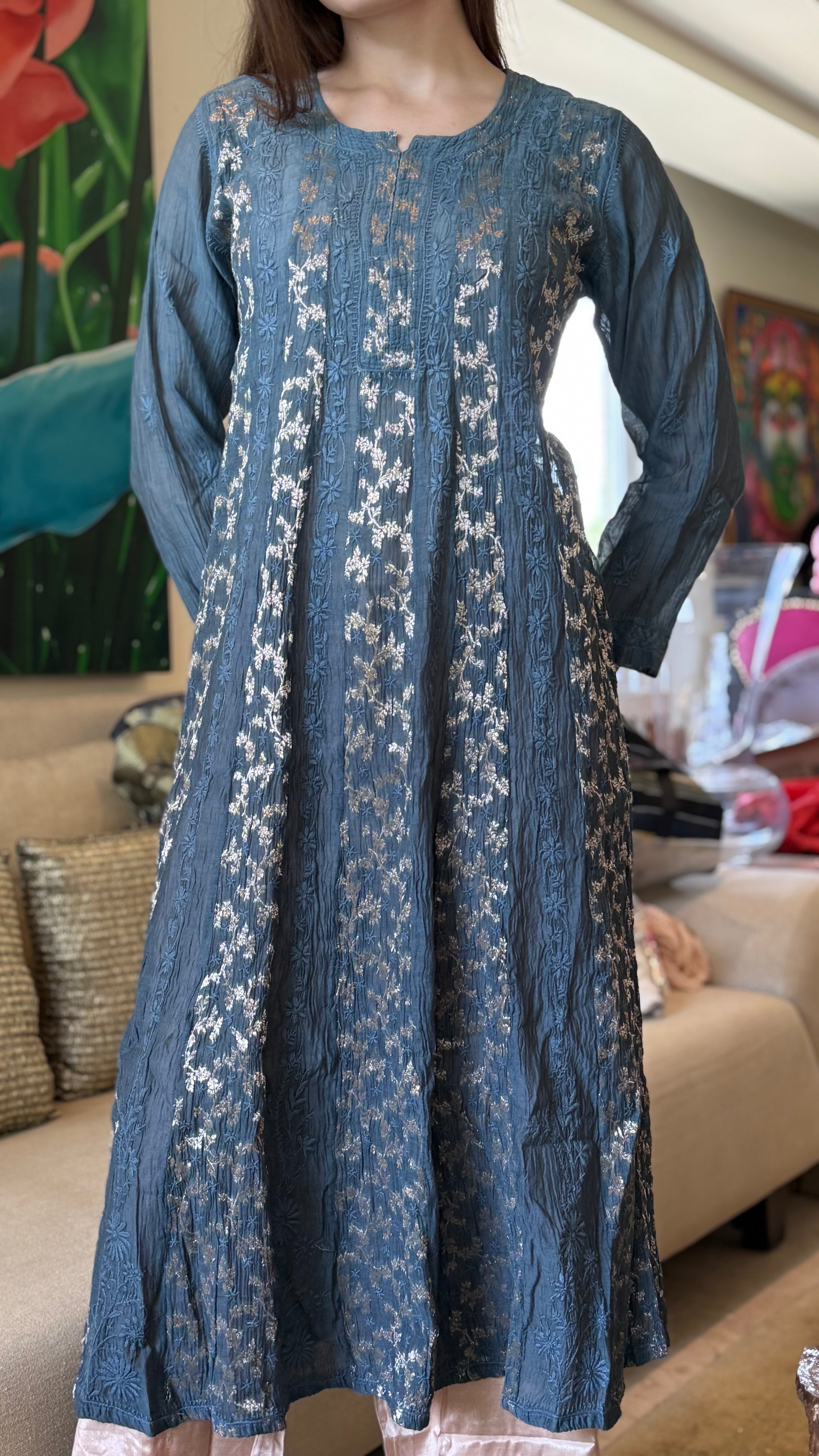 Navy Bano Mul Chanderi Anarkali With Brocade