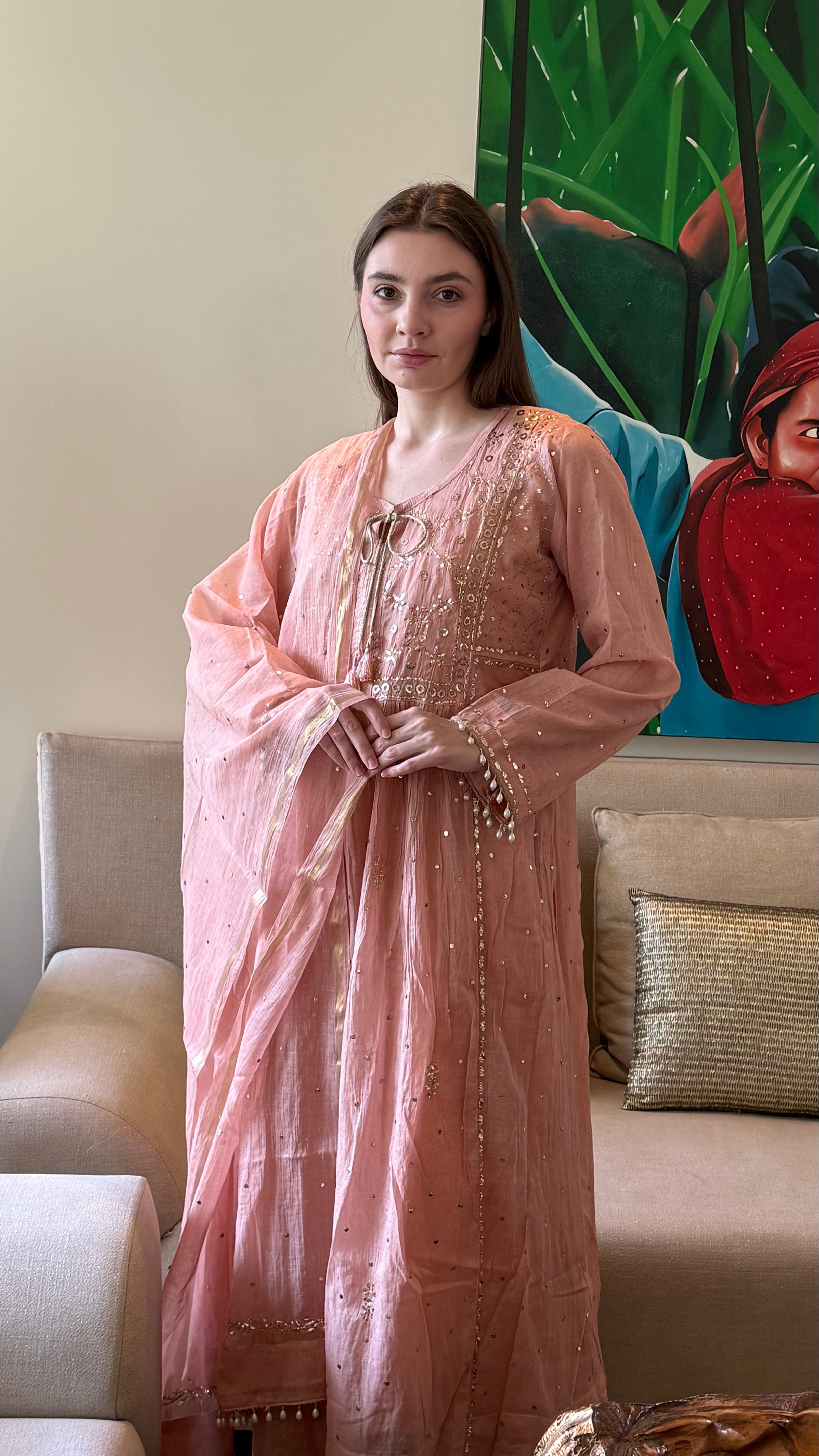 Sand Haya Kurta Dupatta Pant Set in Chanderi with Golden Pitta