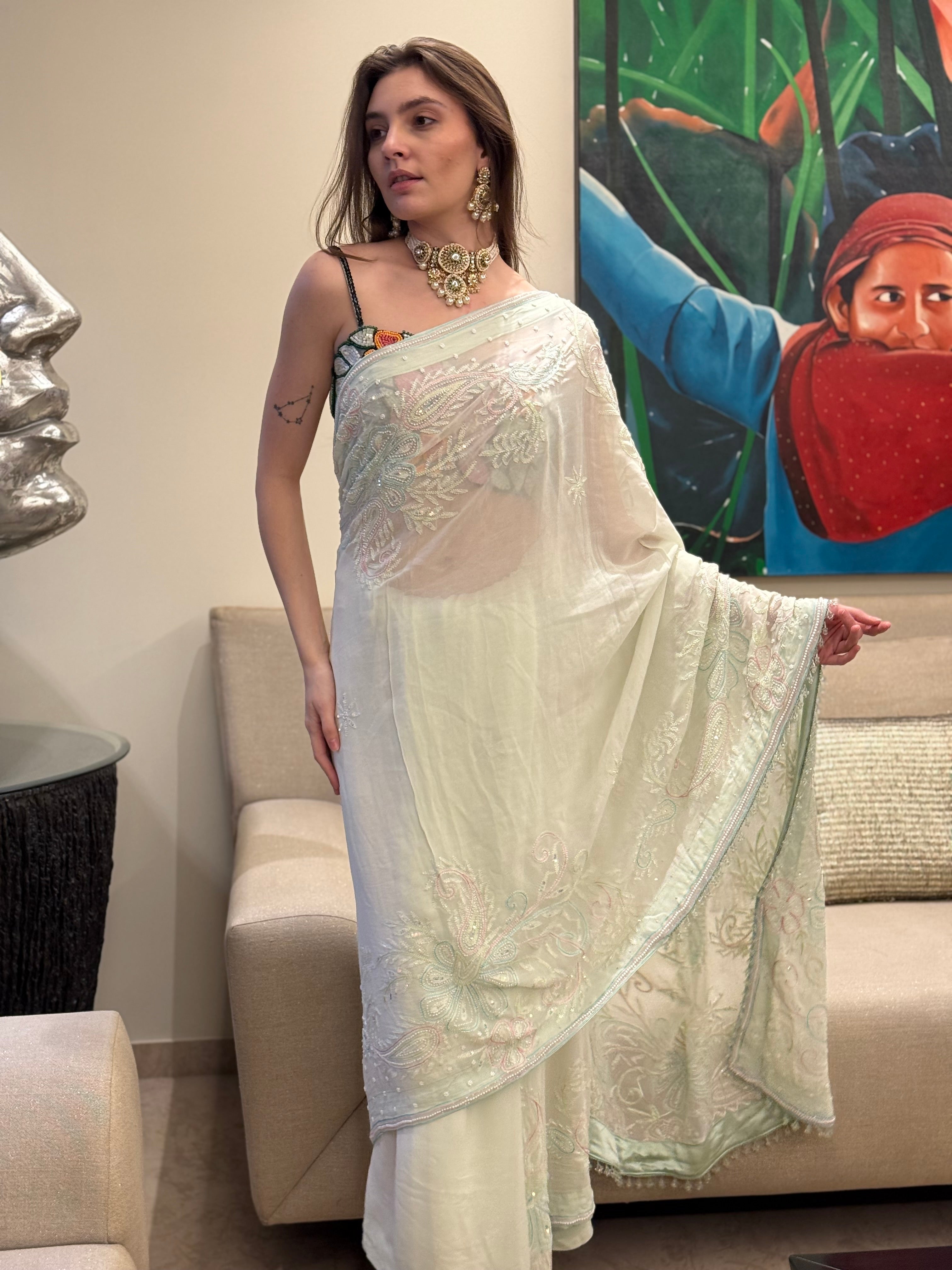 Nasreen Sea Green Georgette Chikankari Saree