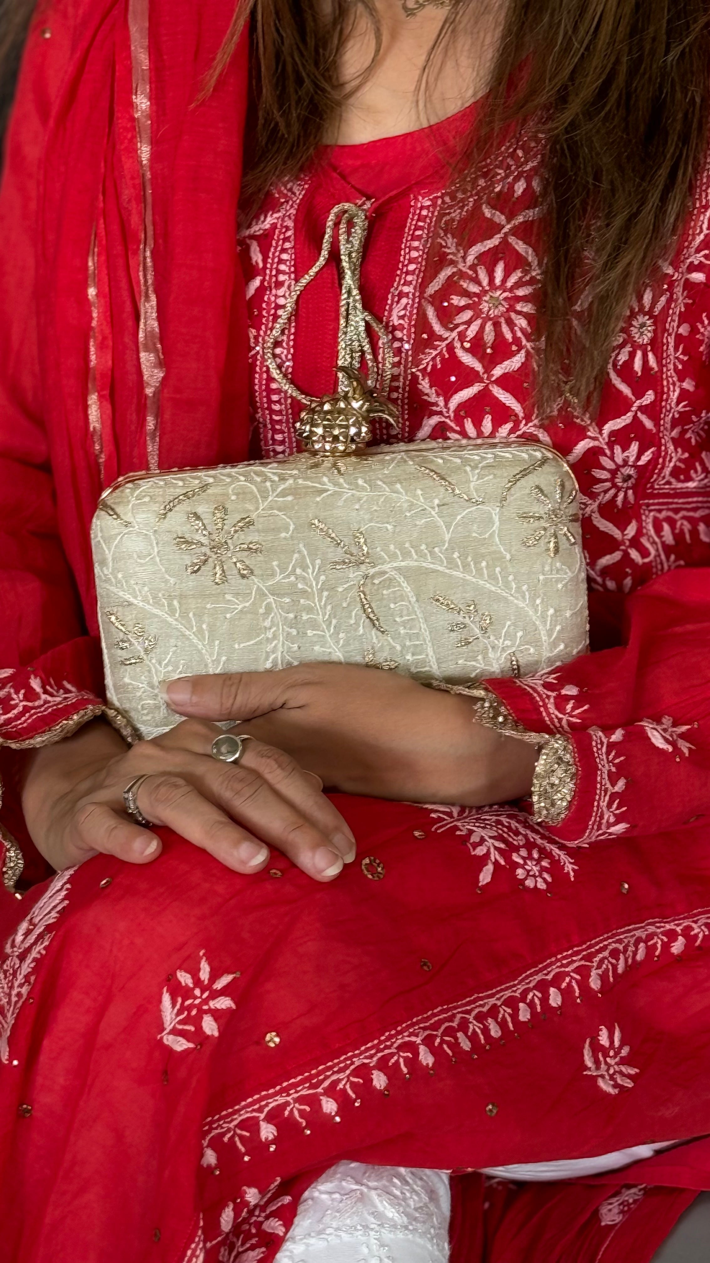 Beige Ameera Clutch With Lucknawi and Zari Emroidery