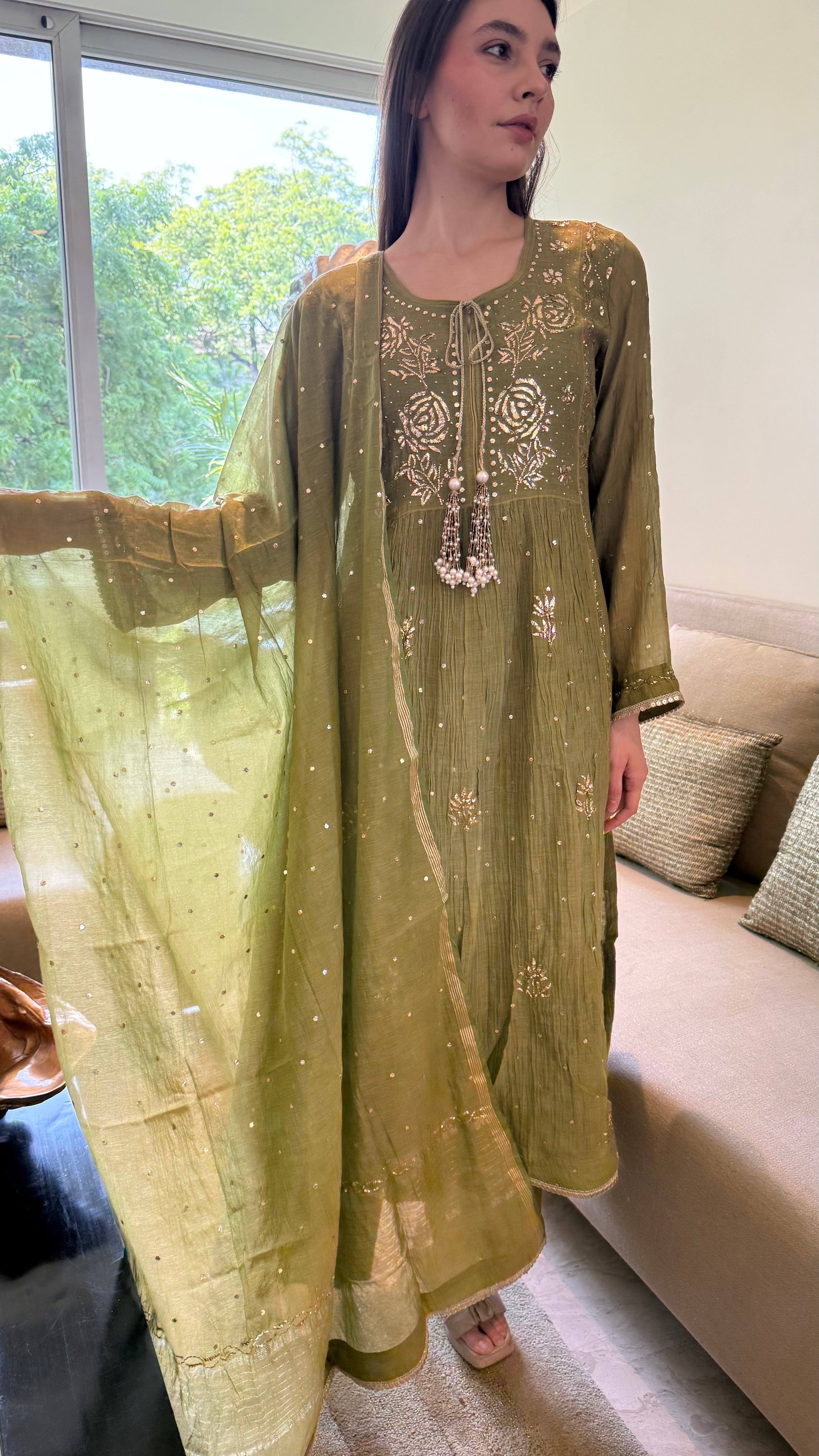 Olive Haya Kurta Dupatta Pant Set in Chanderi with Golden Pitta