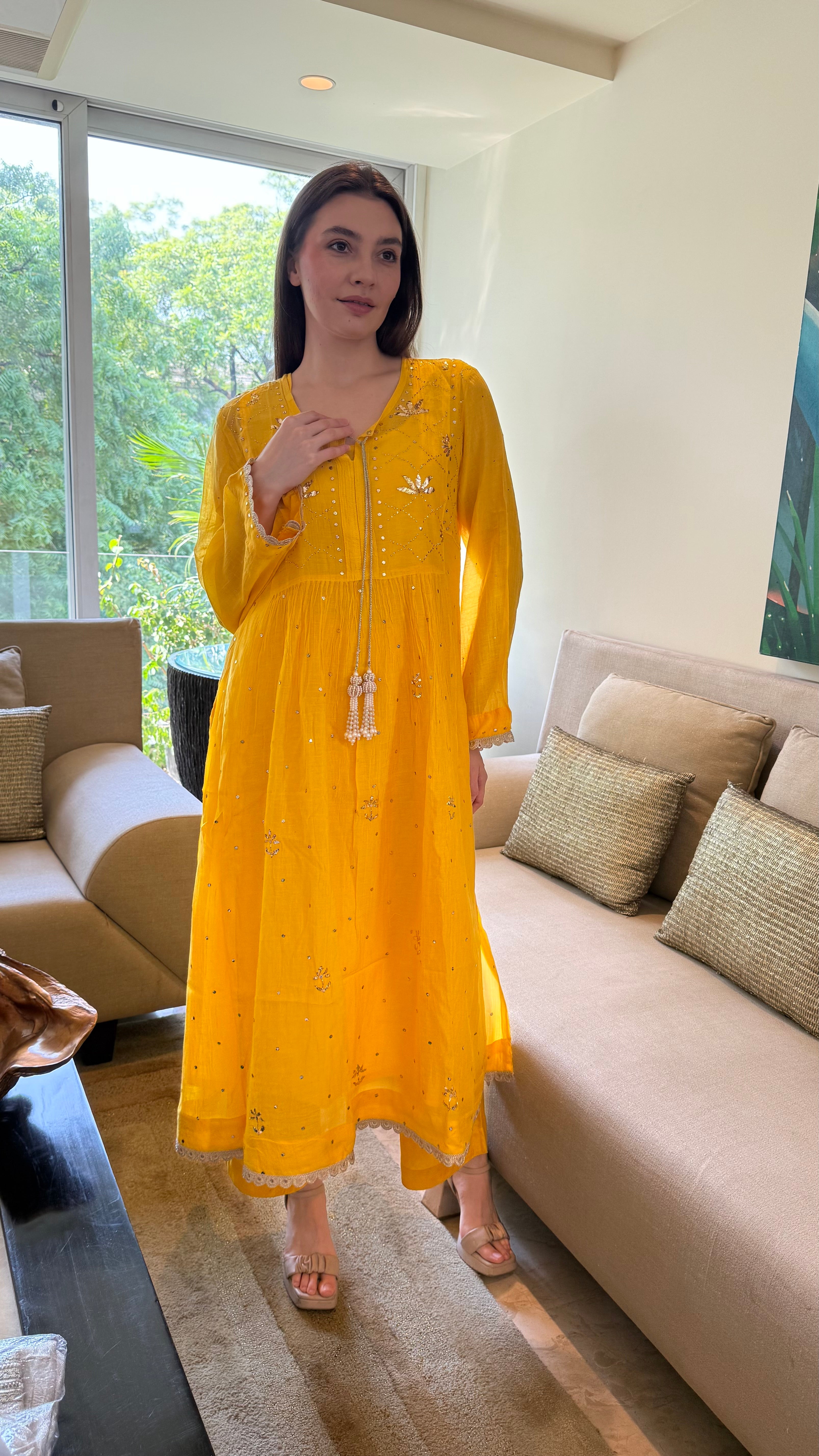 Yellow Haya Kurta Dupatta Pant Set in Chanderi with Golden Pitta