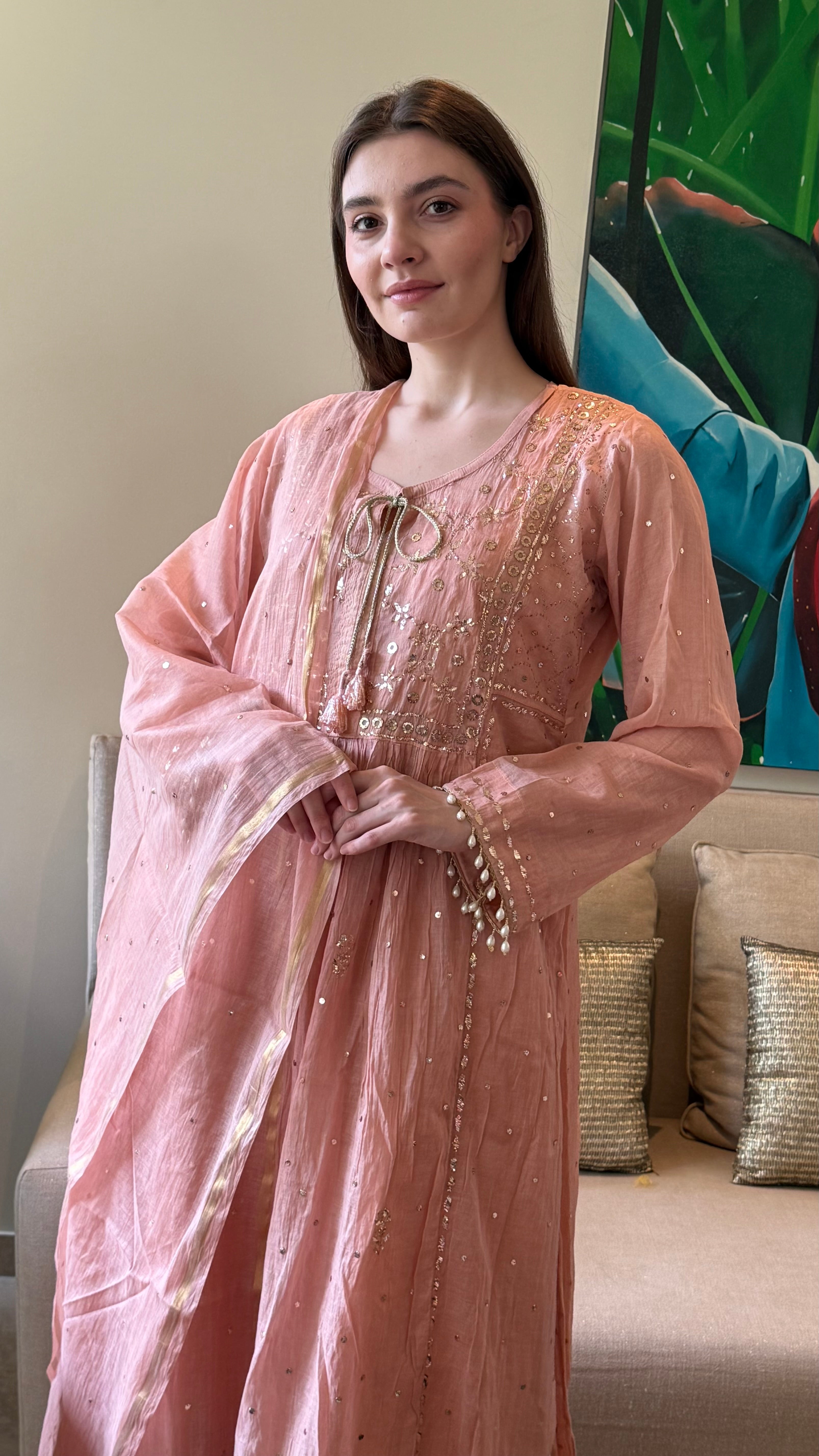 Dark Nude Haya Kurta Dupatta Pant Set in Chanderi with Golden Pitta