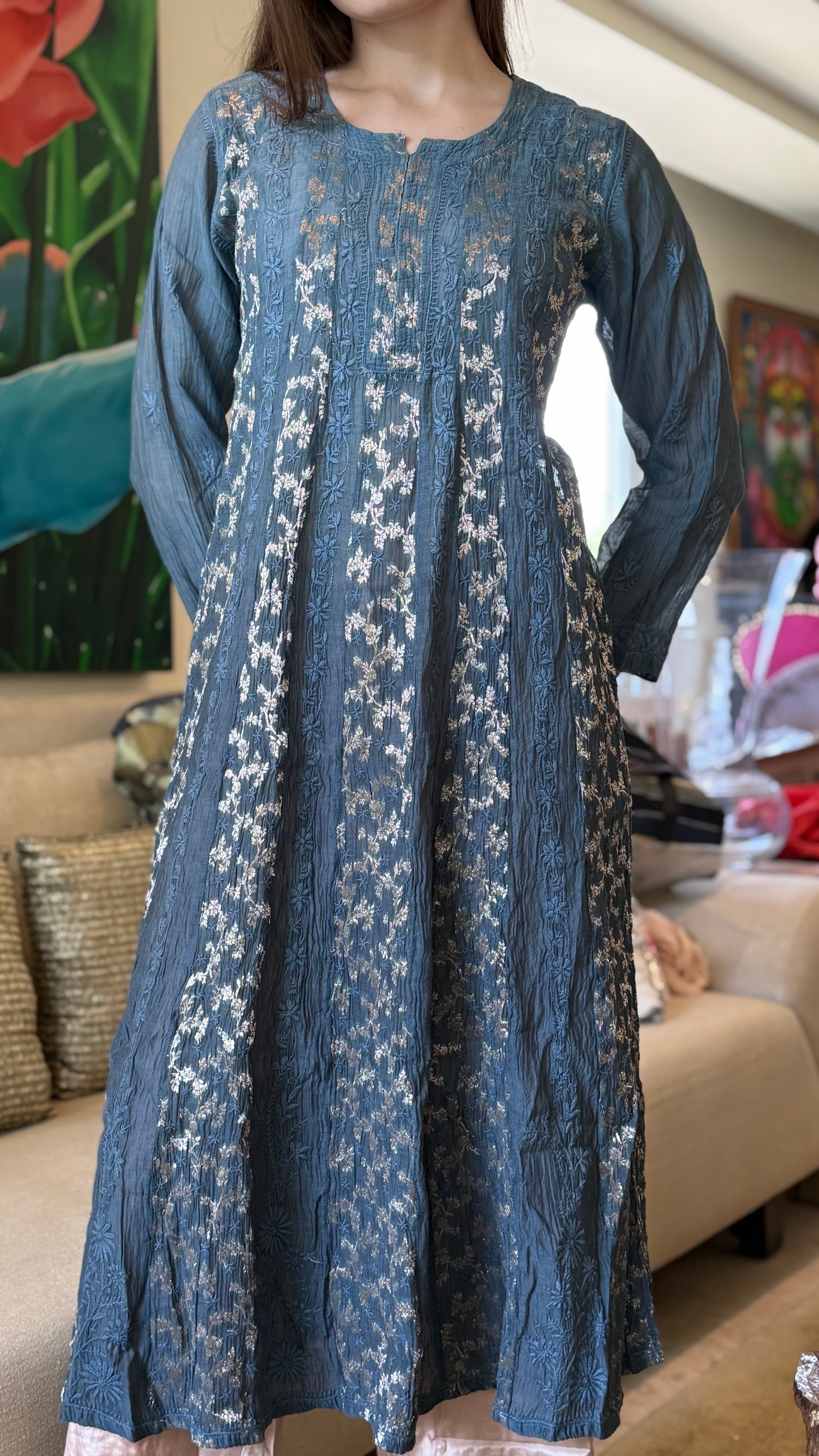 Navy Bano Mul Chanderi Anarkali With Brocade