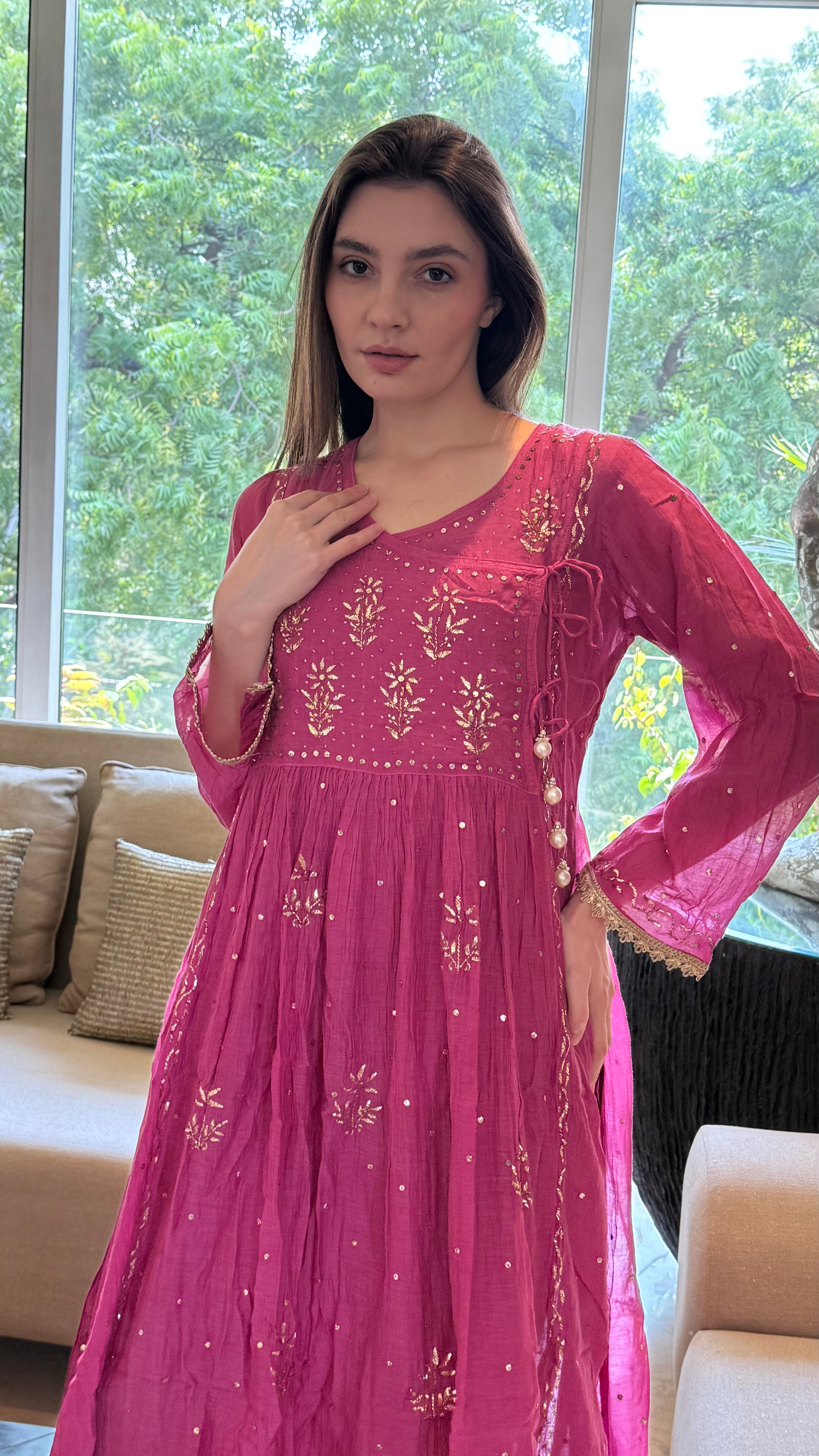 Magenta Haya Angarkha Dupatta Pant Set in Chanderi with Golden Pitta