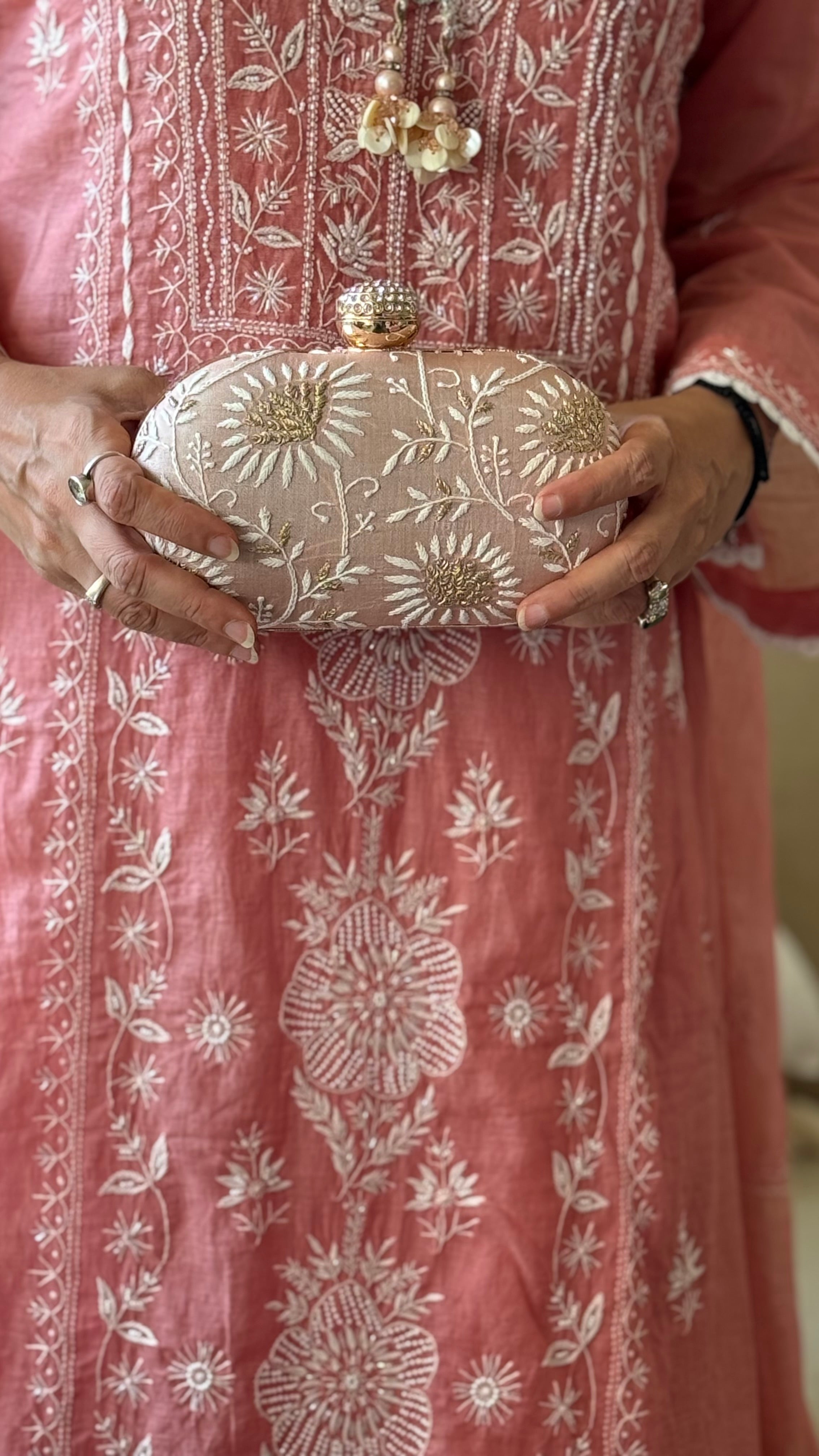 Rose Ameera Clutch With Lucknawi and Zari Emroidery