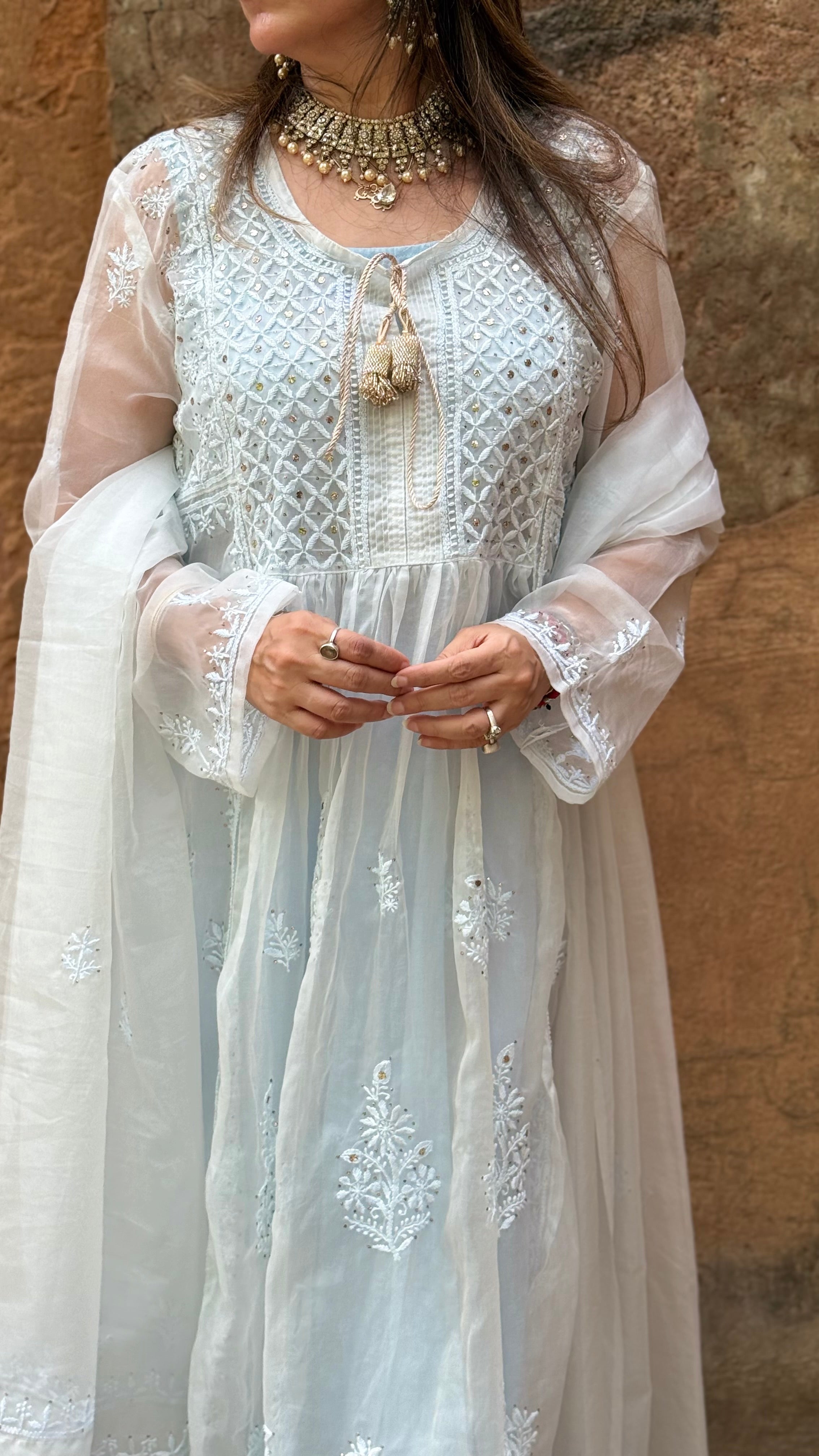 Ice Blue Organza Husna Kurta Pant Dupatta with Moti Cutdana
