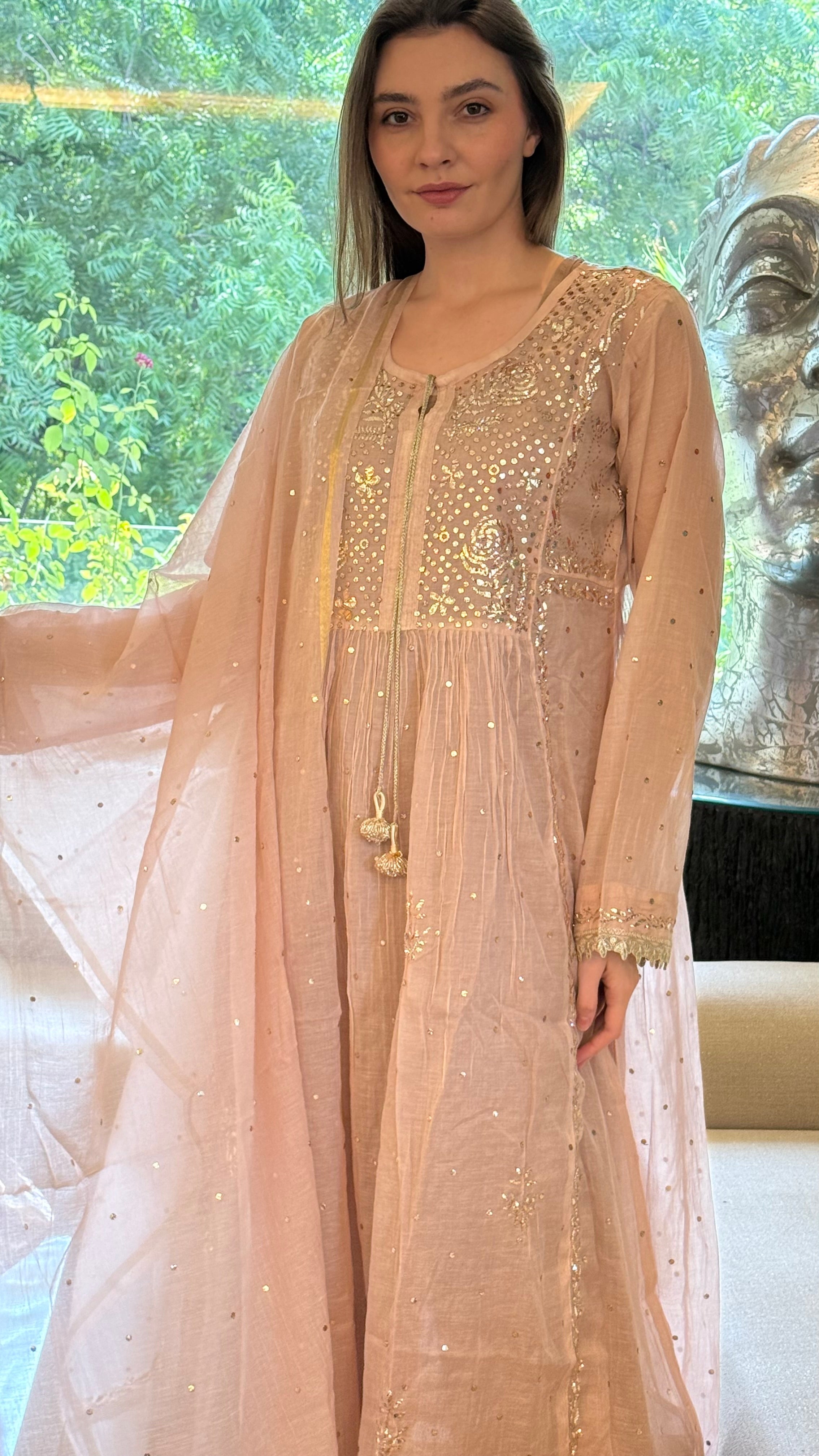 Rose Haya Kurta Dupatta Pant Set in Chanderi with Golden Pitta