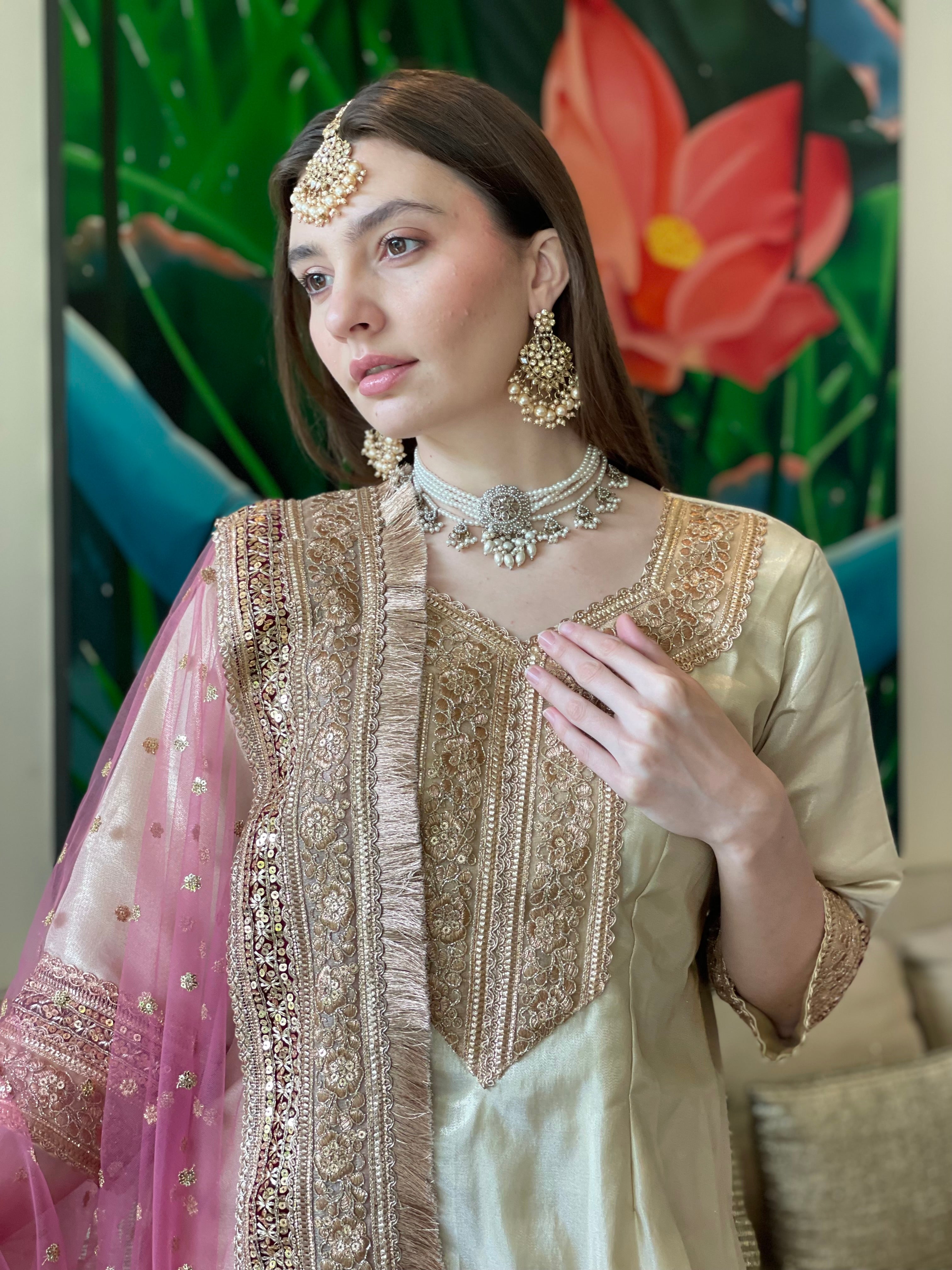 The Noor Jahan Gharara set in Gold & Pink