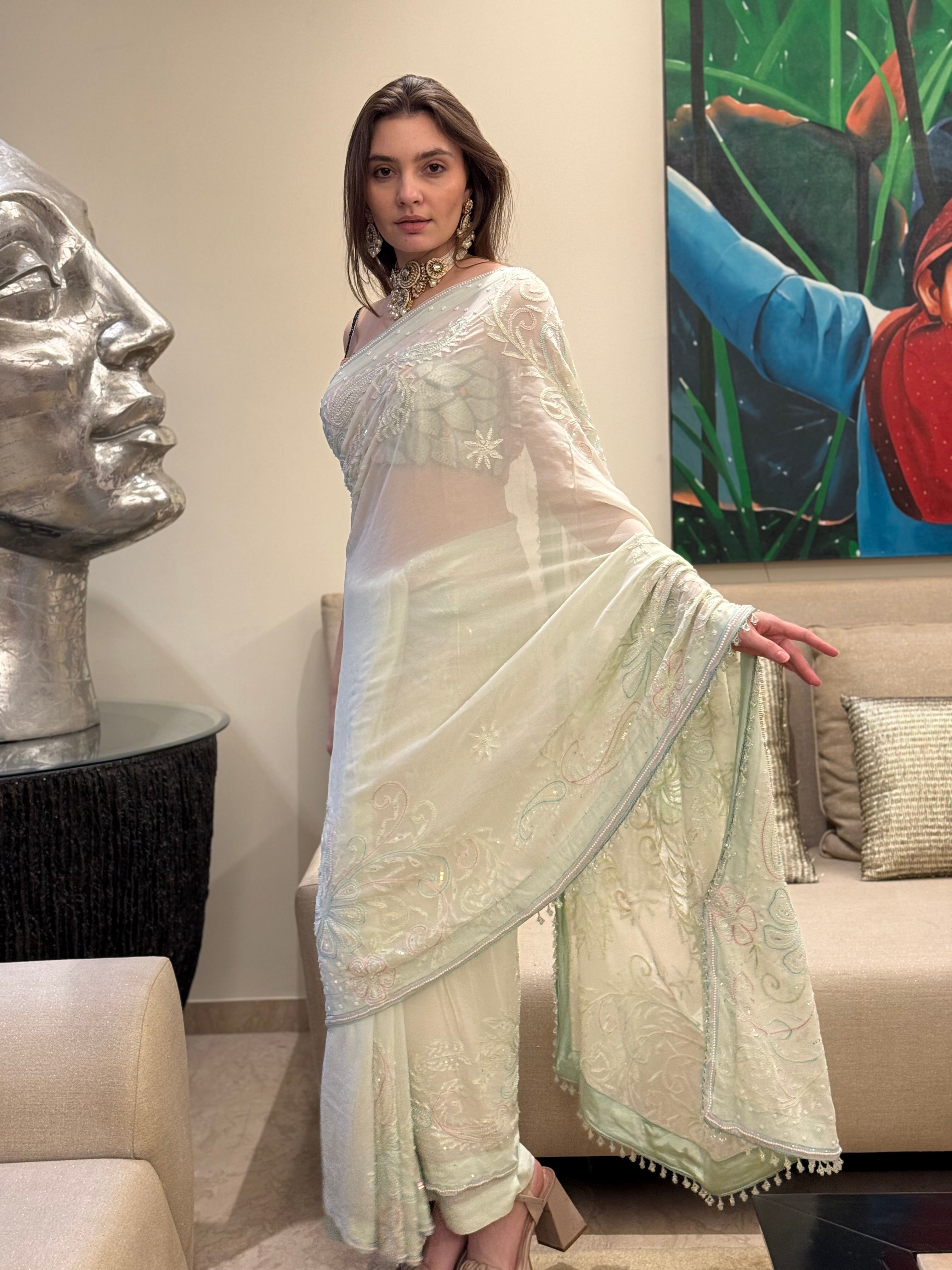 Nasreen Sea Green Georgette Chikankari Saree