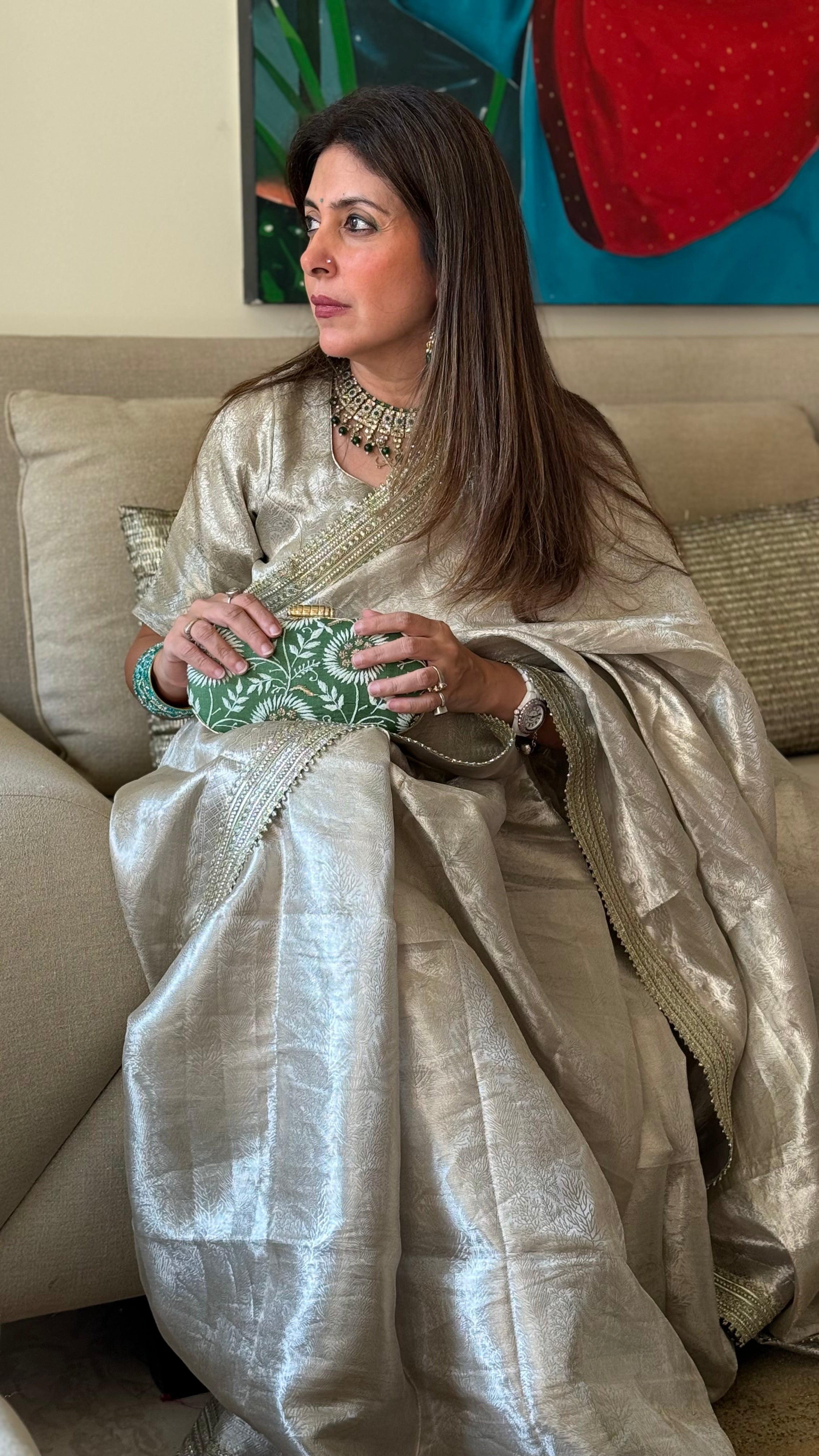 Naina Silver Banarasi Tissue Saree